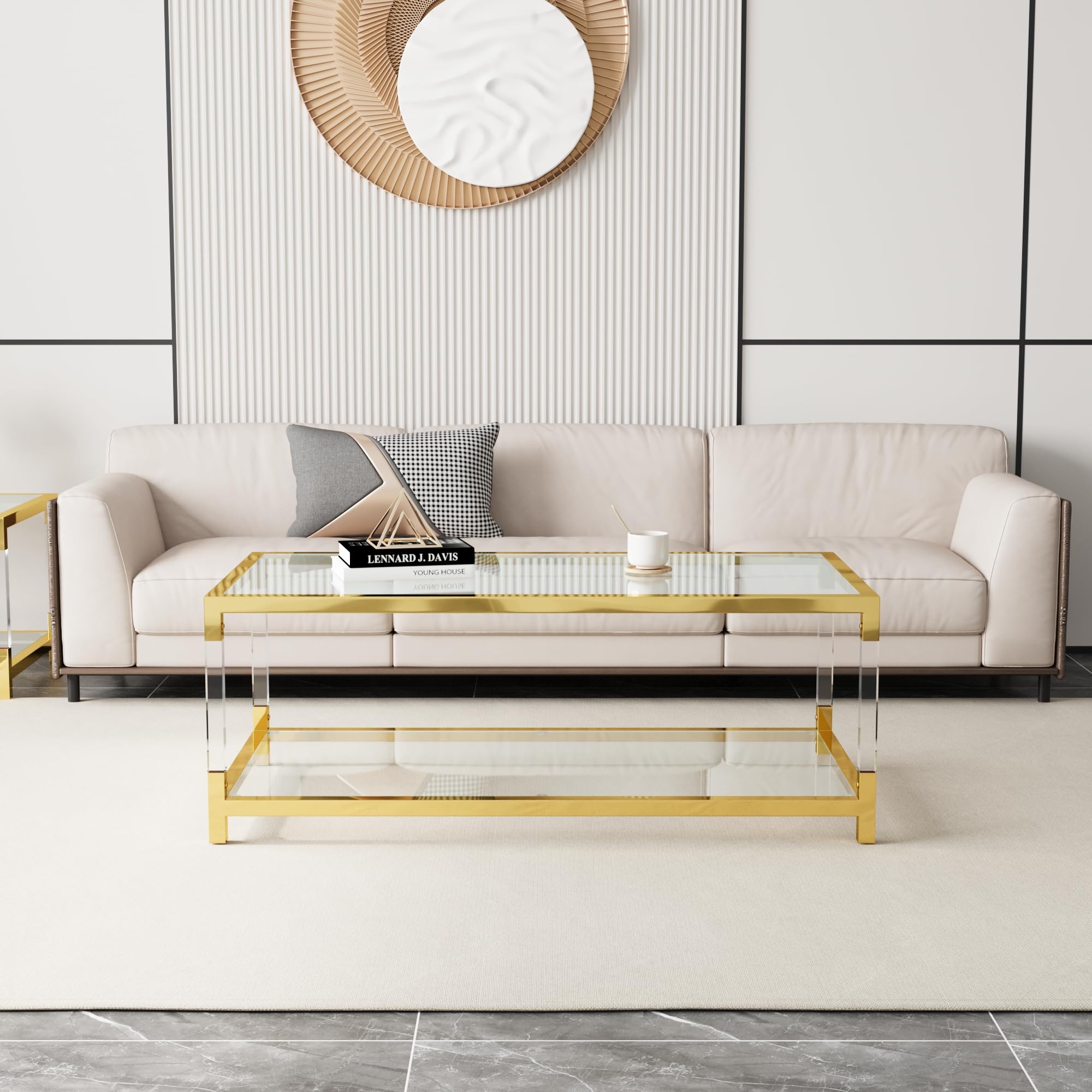 Premium 2-Piece Glass Coffee Table Set - 2-Tier Modern Living Room End Tables with Gold Frame & Clear Acrylic Legs for Apartment, Office & Lounge Decor | Perfect for Entertaining Guests or Relaxing with Coffee