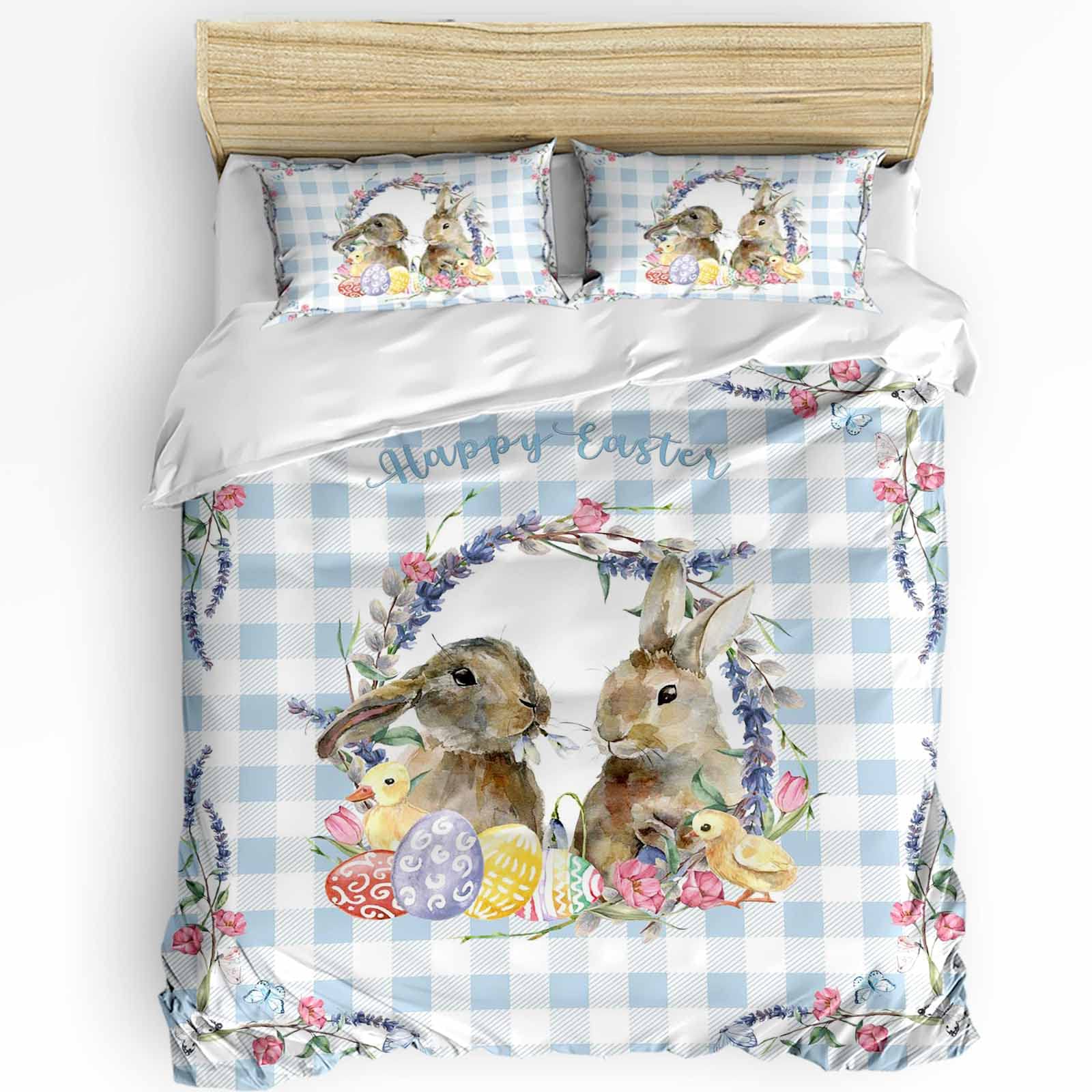 Spring Easter Queen Duvet Cover Set - Blue Checkered Lavender Bunny with Colorful Eggs Design | All Season Microfiber 3-Piece Bedding Set (2 Pillowcases & 1 Quilt Cover) | 90