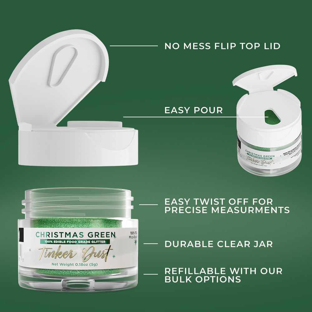 Christmas Green Edible Glitter for Baking & Cake Decorating | Tinker Dust® 5g Food Safe Sparkle Dust | Perfect for Holiday Cookies, Cupcakes & DIY Crafts