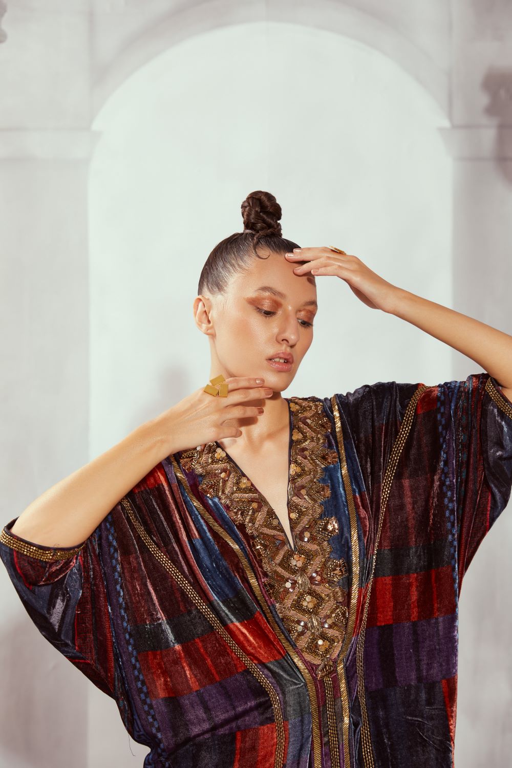 Stylish Tangerine Tile Print Kaftan with Exquisite Baroque Hand Embroidery - Perfect for Beach Cover-ups, Summer Vacations & Boho Fashion