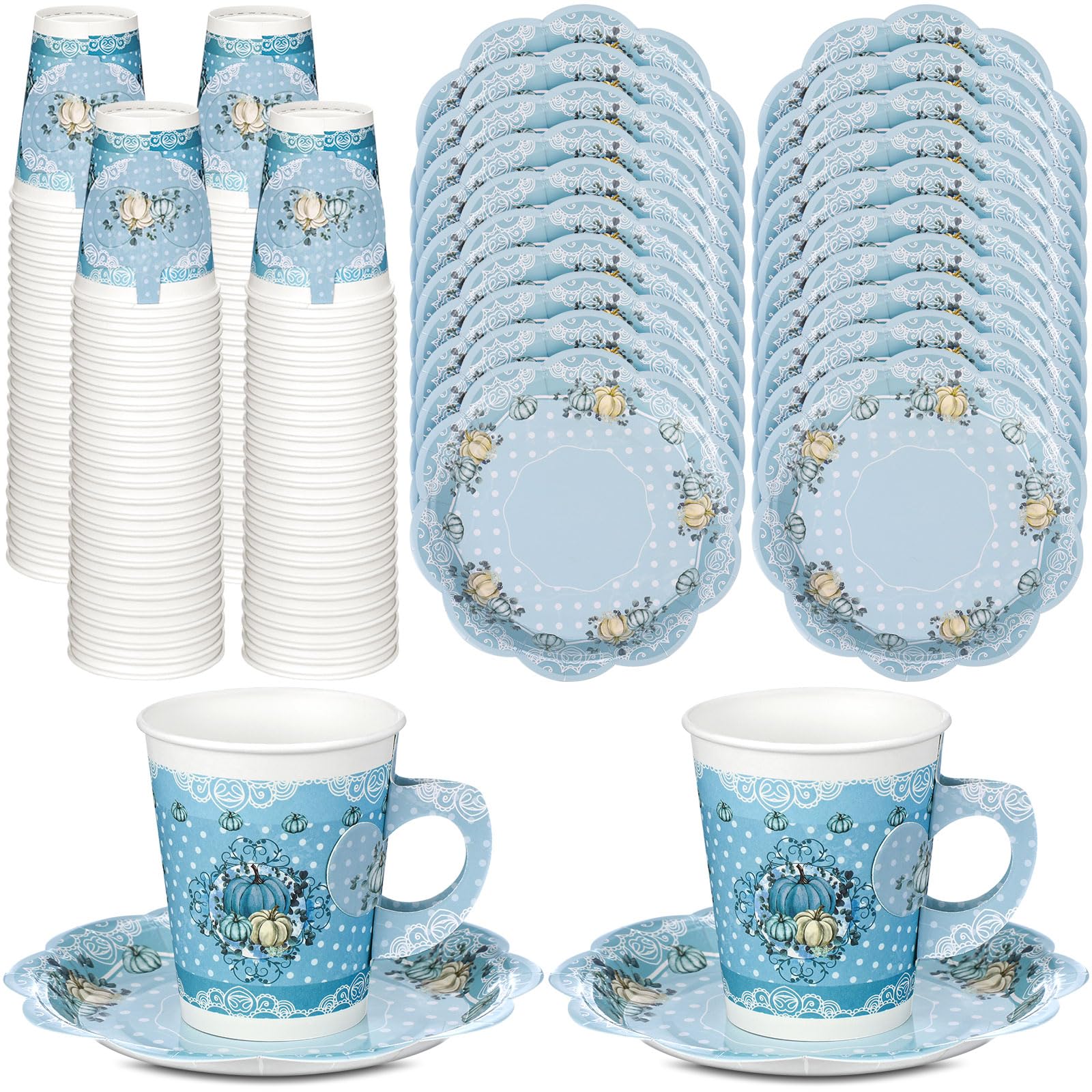 100 Pcs Blue Little Pumpkin Baby Shower & Tea Party Decorations Set - 50 Disposable 9 oz Paper Tea Cups with Handles & 50 Matching Plates - Perfect for Gender Reveal, Birthday Parties & Fall Themed Events