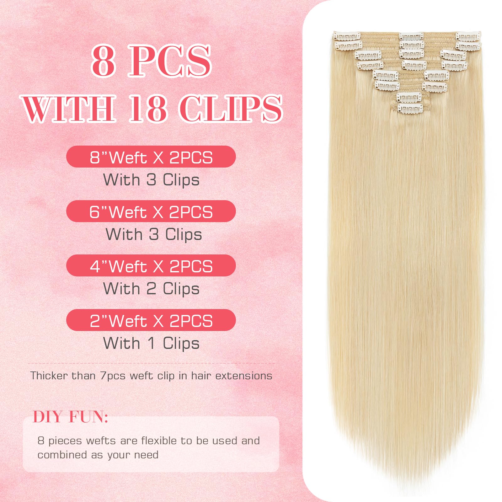 S-noilite 24 Inch Clip in Human Hair Extensions - 8Pieces 170Grams Remy Hair Double Weft #613 Bleach Blonde | Perfect for Parties, Weddings & Daily Styling