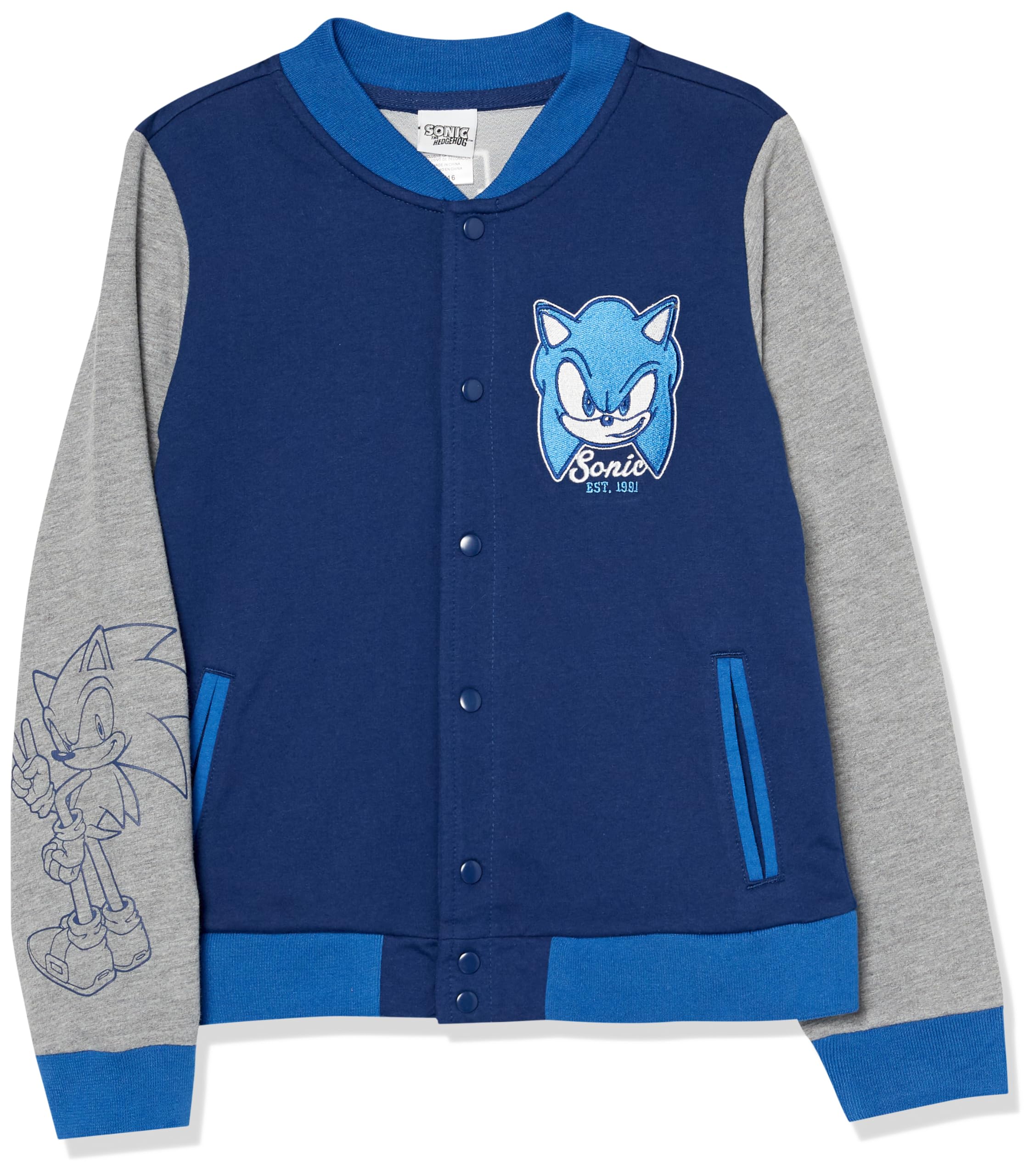 SEGA Boys' Sonic The Hedgehog French Terry Button-Up Varsity Bomber Jacket - Toddler to Big Kid Sizes (2T-12) - Lightweight Casual Outerwear for School, Playdates & Everyday Wear