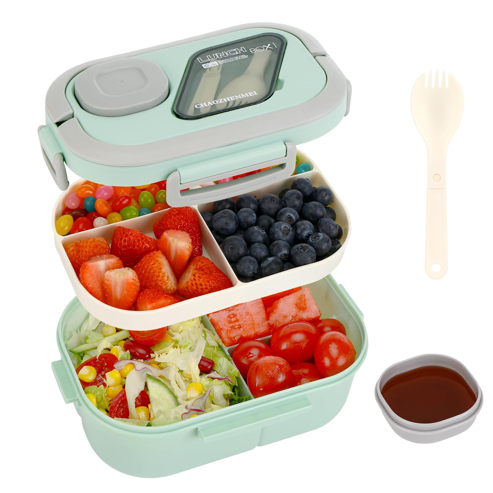 Kasanni Bento Lunch Box with Compartments - BPA-Free Food Container for Adults & Kids - Salad, Snack, Meal Prep - Includes Spoon - Ideal for School, Office, Picnics (Green)