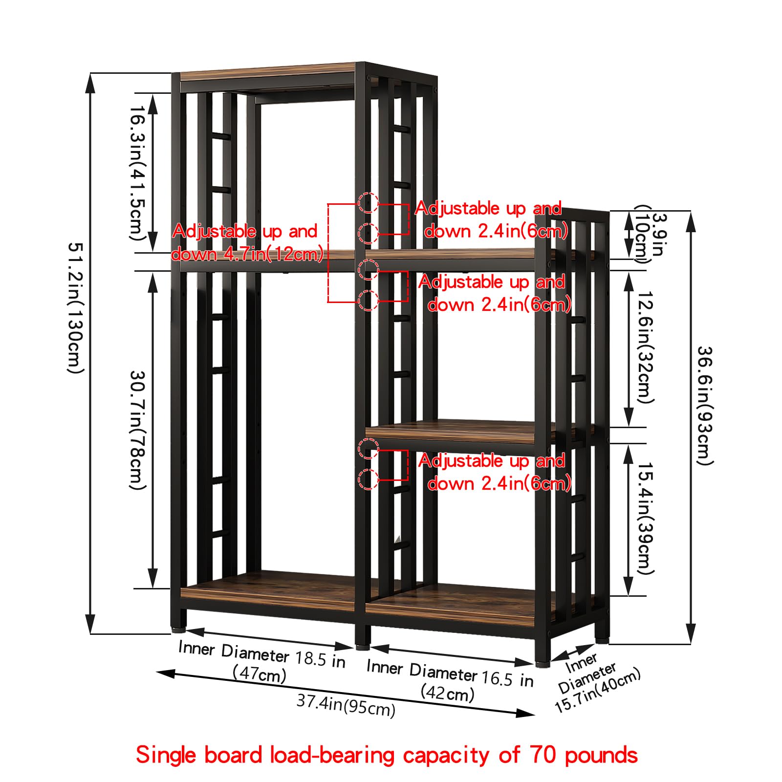 6-Tier Adjustable Height Kitchen Bakers Rack with Storage - Freestanding Microwave Stand, Mini Fridge Organizer & Coffee Bar Station - Rustic Brown for Living Room, Kitchen, or Small Apartment