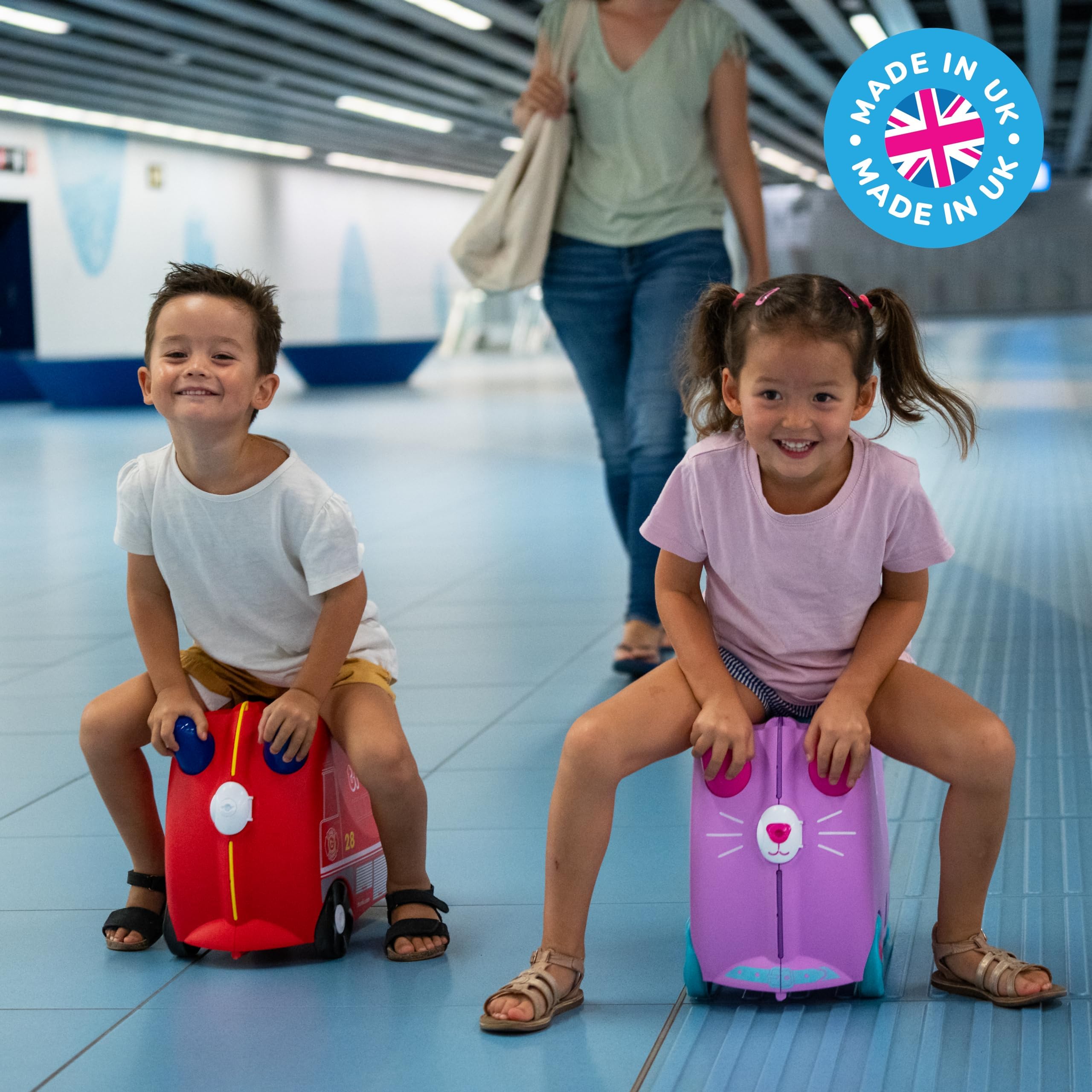 Trunki Ride-On Kids Suitcase - Toddler Travel Luggage with Wheels | Carry-On Airplane Essentials for Boys & Girls | Durable Frank Fire Truck Red Design | Perfect for Family Trips, Air Travel & Playtime Adventures