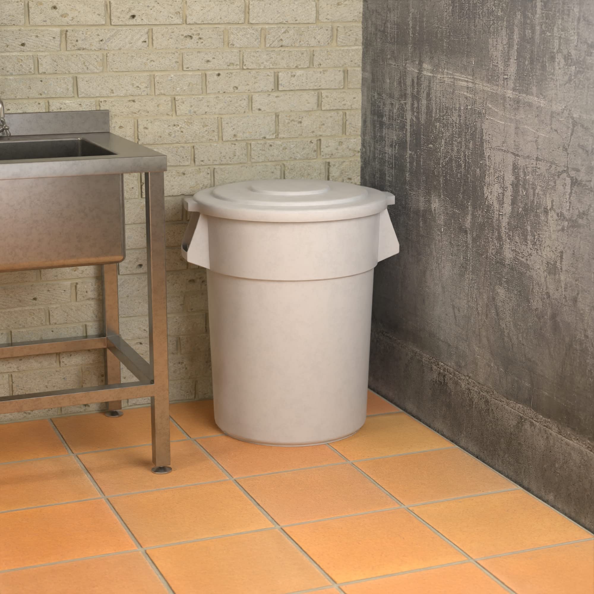 55 Gallon White Round Commercial Trash Can with Lid - Heavy Duty Large Capacity Garbage Bin for Restaurants, Offices, Schools, and Outdoor Use