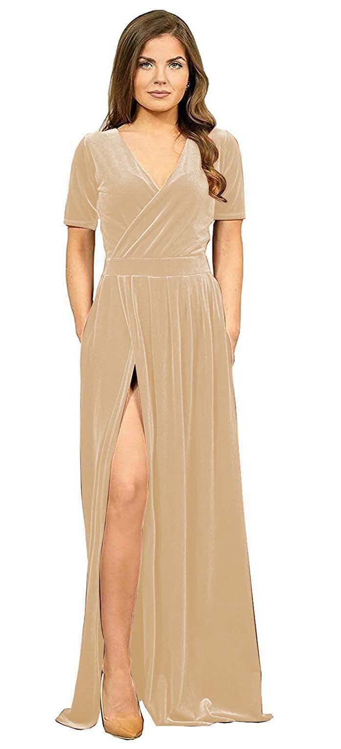 LYLLOVEGUSU Velvet V-Neck Bridesmaid Dresses - Elegant Long A-Line Prom Gowns with Pockets & Short Sleeves | Perfect for Weddings, Formal Events & Evening Parties
