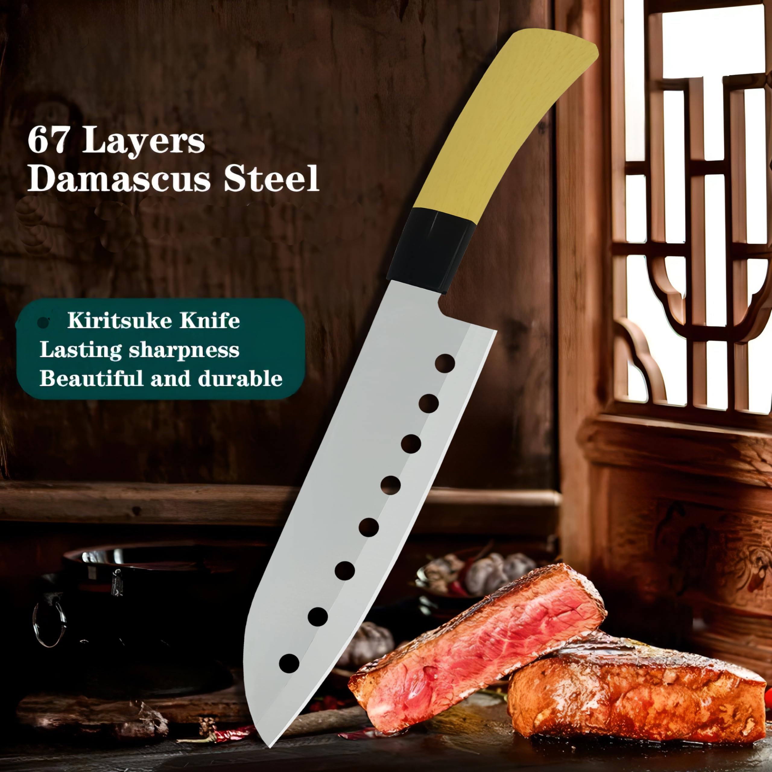ATARC AT-135 7-Inch Japanese Santoku Knife with Non-Stick Holes - Ultra Sharp Stainless Steel Blade for Meat, Chicken, Cheese, Vegetables & Fruits - Ergonomic Handle (Yellow) - Perfect for Home Kitchen, Professional Chefs & Food Prep