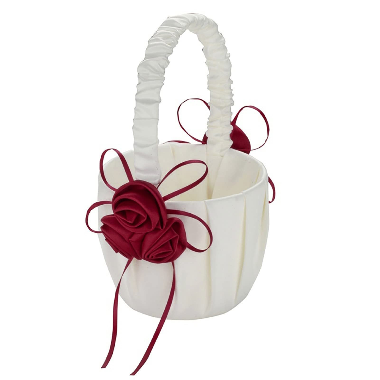 Elegant Wine Red Flower Basket - Wedding Flower Girl Basket, Multipurpose Storage Basket with Satin Ribbon & Faux Roses for Bridal Page Boys, Party Decorations | Perfect for Weddings, Baby Showers & Special Events