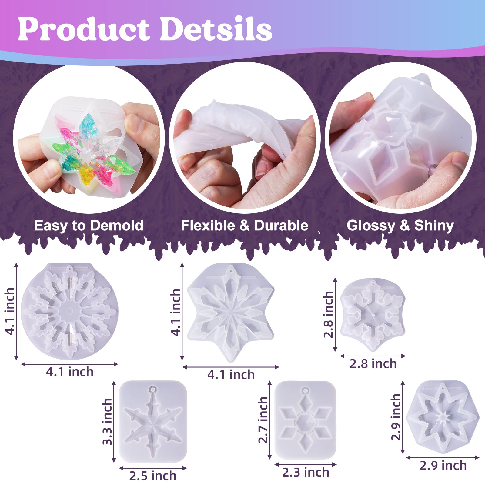 LET'S RESIN Christmas Snowflake Resin Molds - 6 Pcs Silicone Epoxy Molds in Varying Sizes for 3D Ice Crystal Ornaments, Tree & Car Decorations | Perfect for DIY Holiday Crafts, Gift Making, and Festive Home Decor