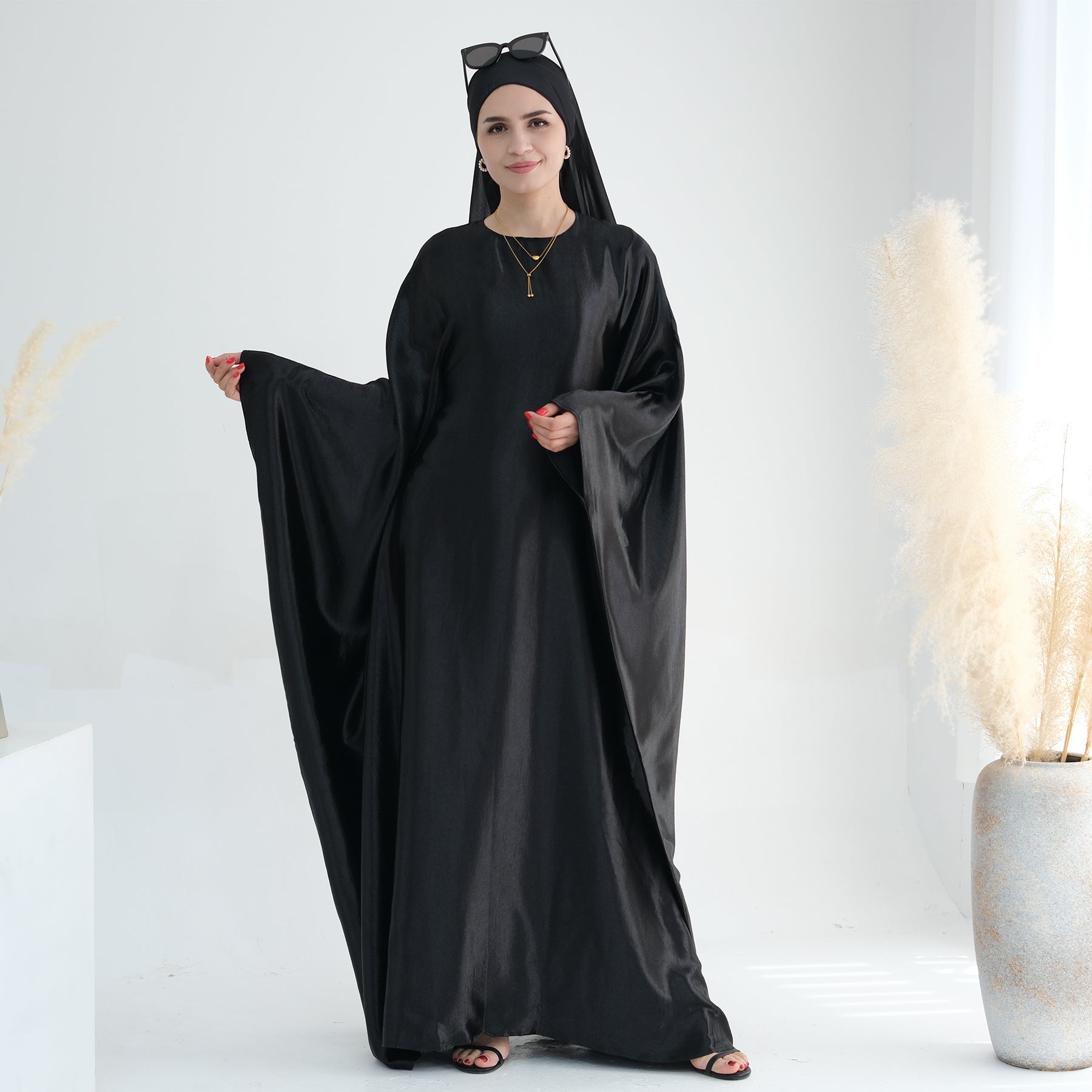 Elegant Black Alisha Butterfly Satin Abaya - Modest Muslim Dress for Women | Perfect for Prayer, Eid, Wedding & Special Occasions