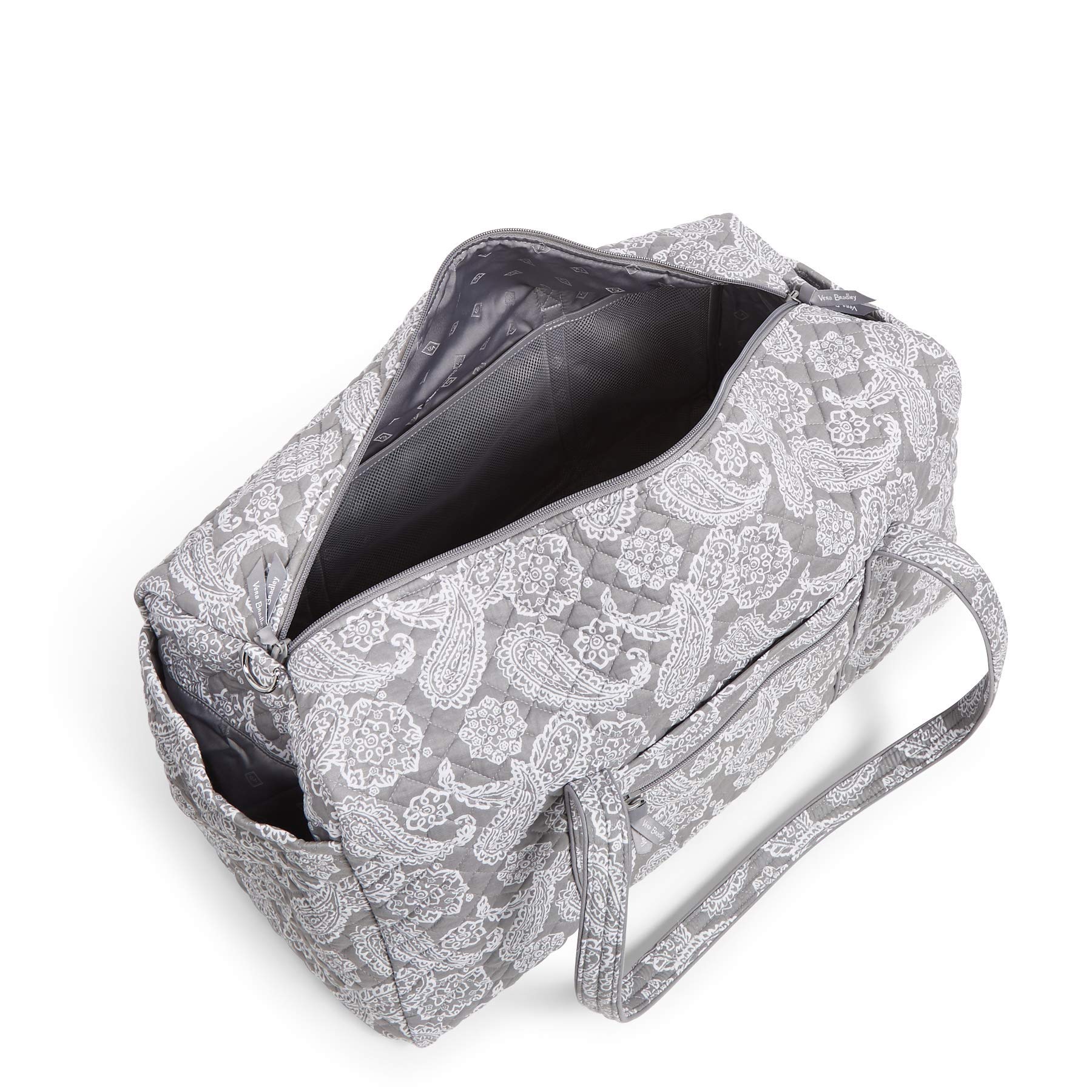 Vera Bradley Women's Cotton Collegiate Large Travel Duffle Bag - WVU Gray/White Bandana Print - Spacious Carryall for College, Gym & Weekend Getaways (Multiple Team Options Available)