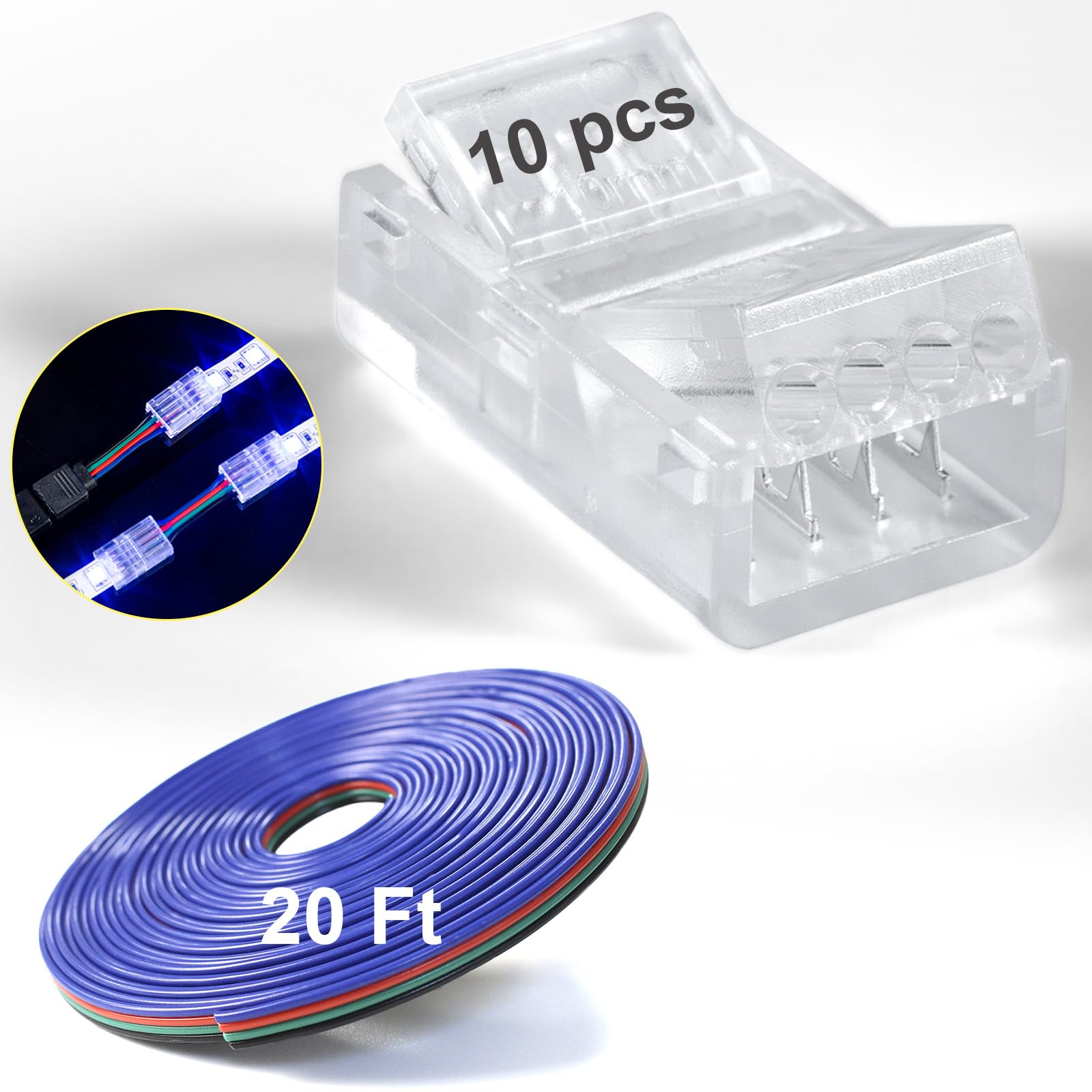 10PCS 4-Pin 10mm LED Strip Connectors with 20ft Extension Cable - Clear RGB Light Strip Connectors for SMD 5050 LED Lights - Perfect for Home Decoration, Under Cabinet Lighting & DIY Projects