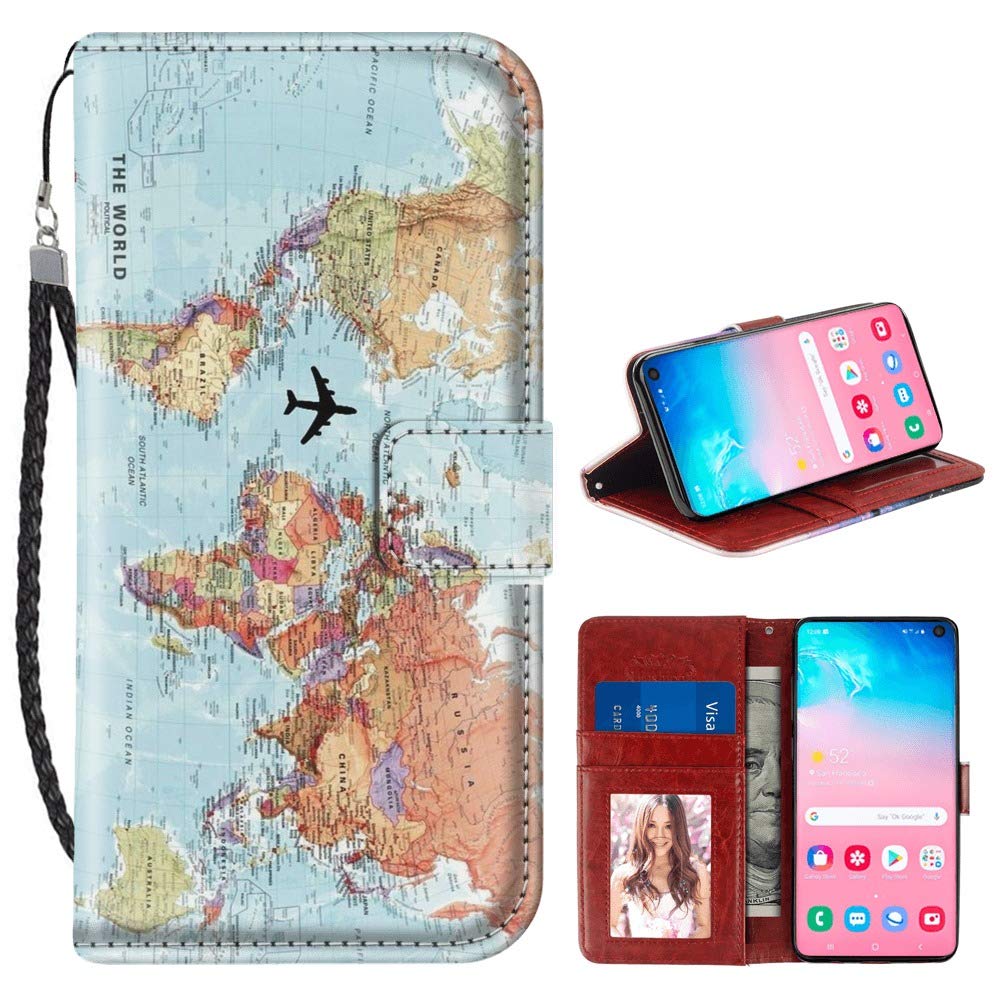 Premium PU Leather Magnetic Flip Wallet Case for Samsung Galaxy S10e - Slim TPU Protective Cover with Card Holder & World Map Design | Perfect for Travel, Business & Everyday Use