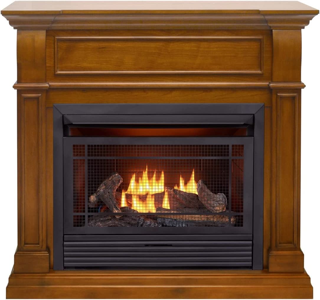 Duluth Forge Dual Fuel Ventless Gas Fireplace with Mantel - 26,000 BTU, Thermostat Control, Apple Spice Finish - Model DFS-300T-4AS | Perfect for Living Rooms, Bedrooms & Patios | Cozy Heating Solution for Winter