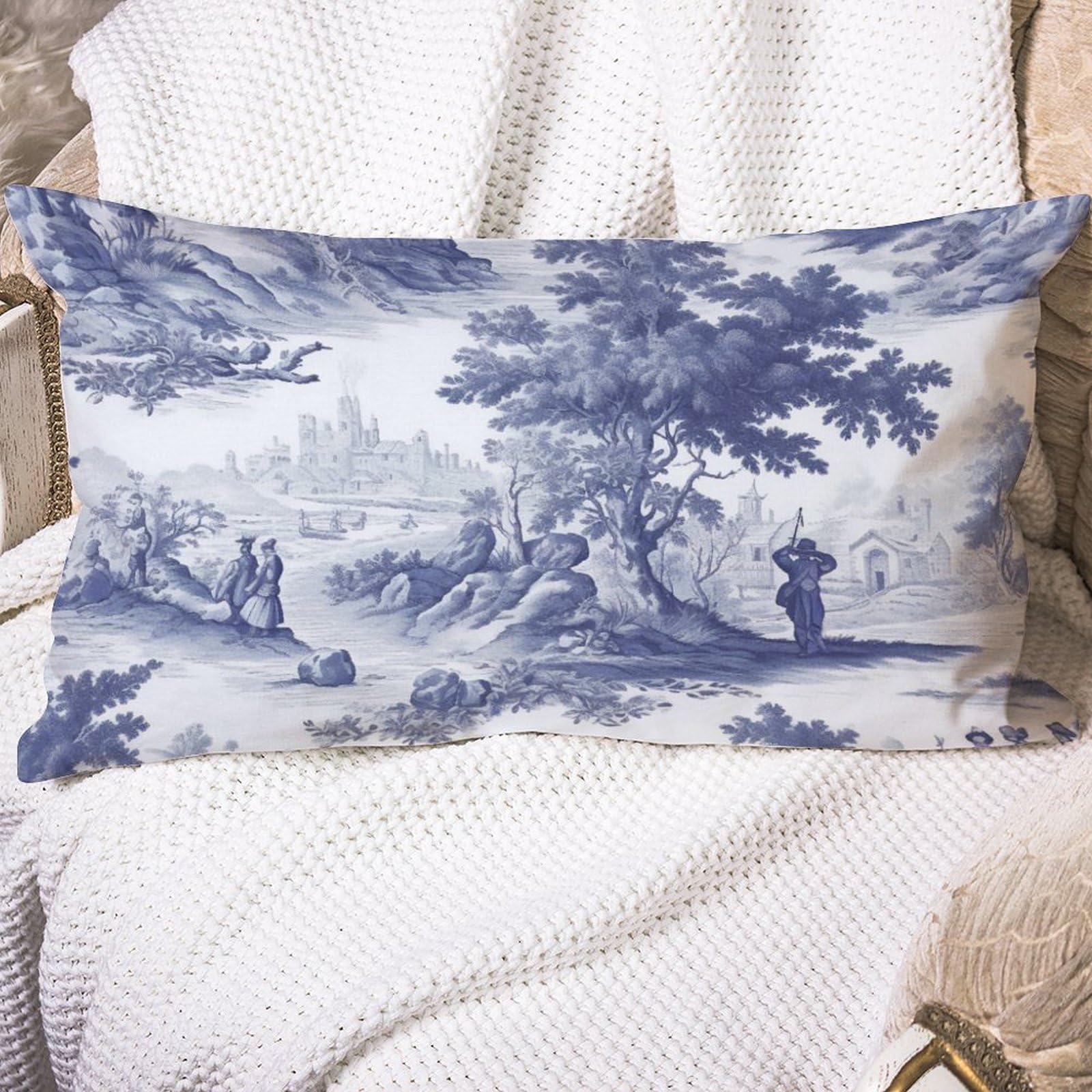 SILYHEART Decorative Toile Print Lumbar Pillow Cover - Navy White Blue French Charmed Life Design, Modern Square Cushion Cover 20x30 Inches for Sofa, Couch, Bedroom & Living Room Decor