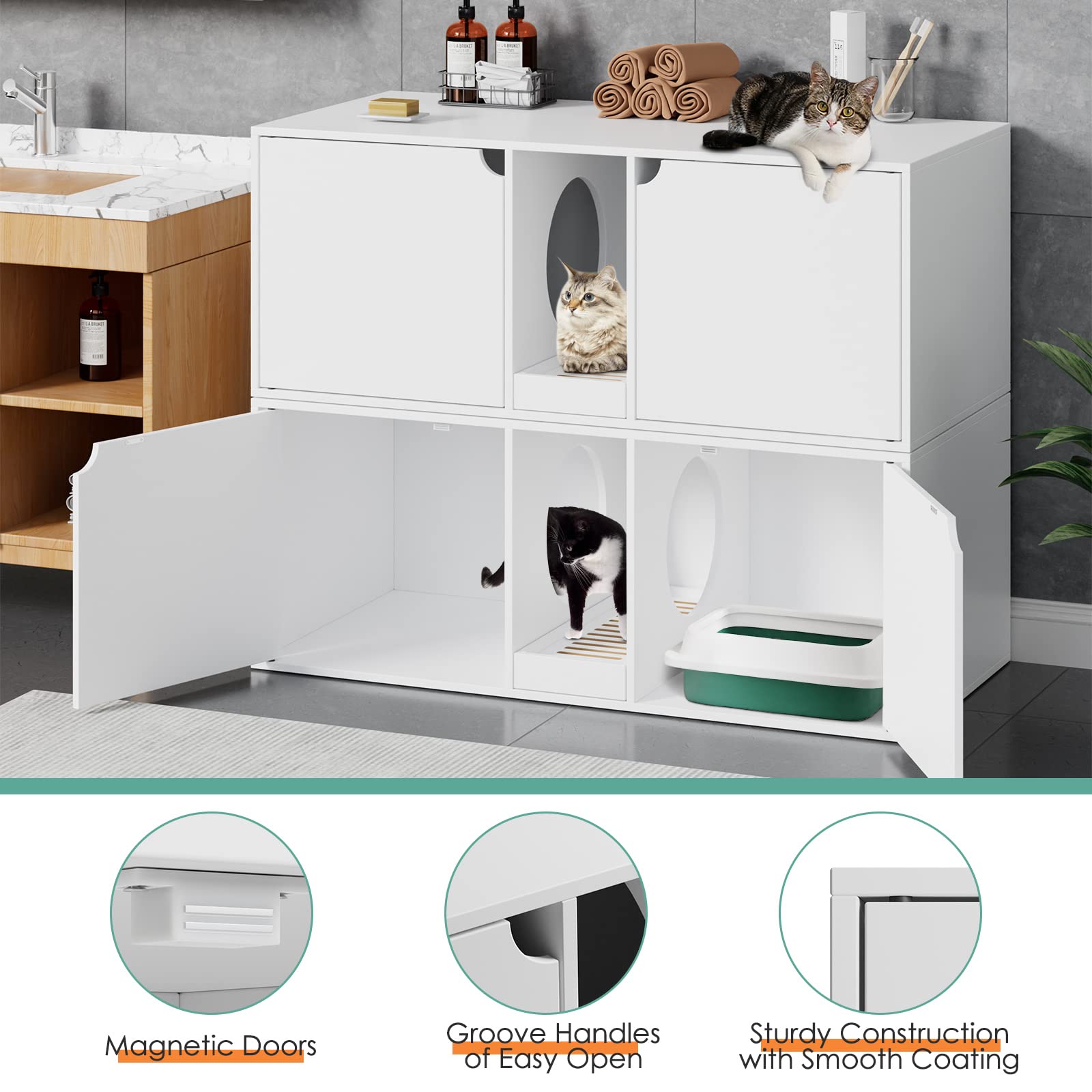Modern Wooden Cat Litter Box Enclosure for 2 Cats - Stackable Large Cat Washroom Storage Cabinet with Removable Tray - Multi-Functional Bench & End Table Furniture (White) - Perfect for Living Rooms, Bedrooms & Small Spaces