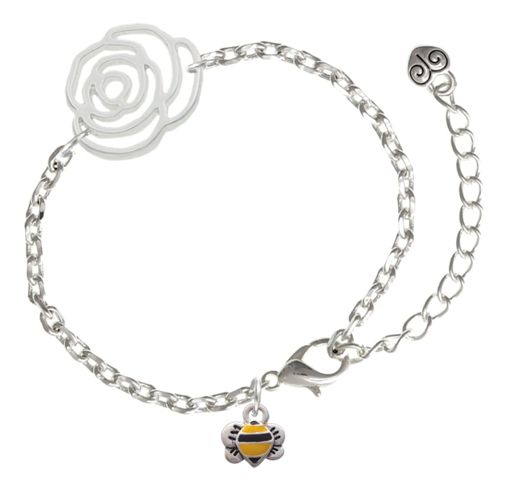 Delight Jewelry Silver-Tone Mini Bumble Bee Charm Bracelet with Flower Link Chain - 6.75