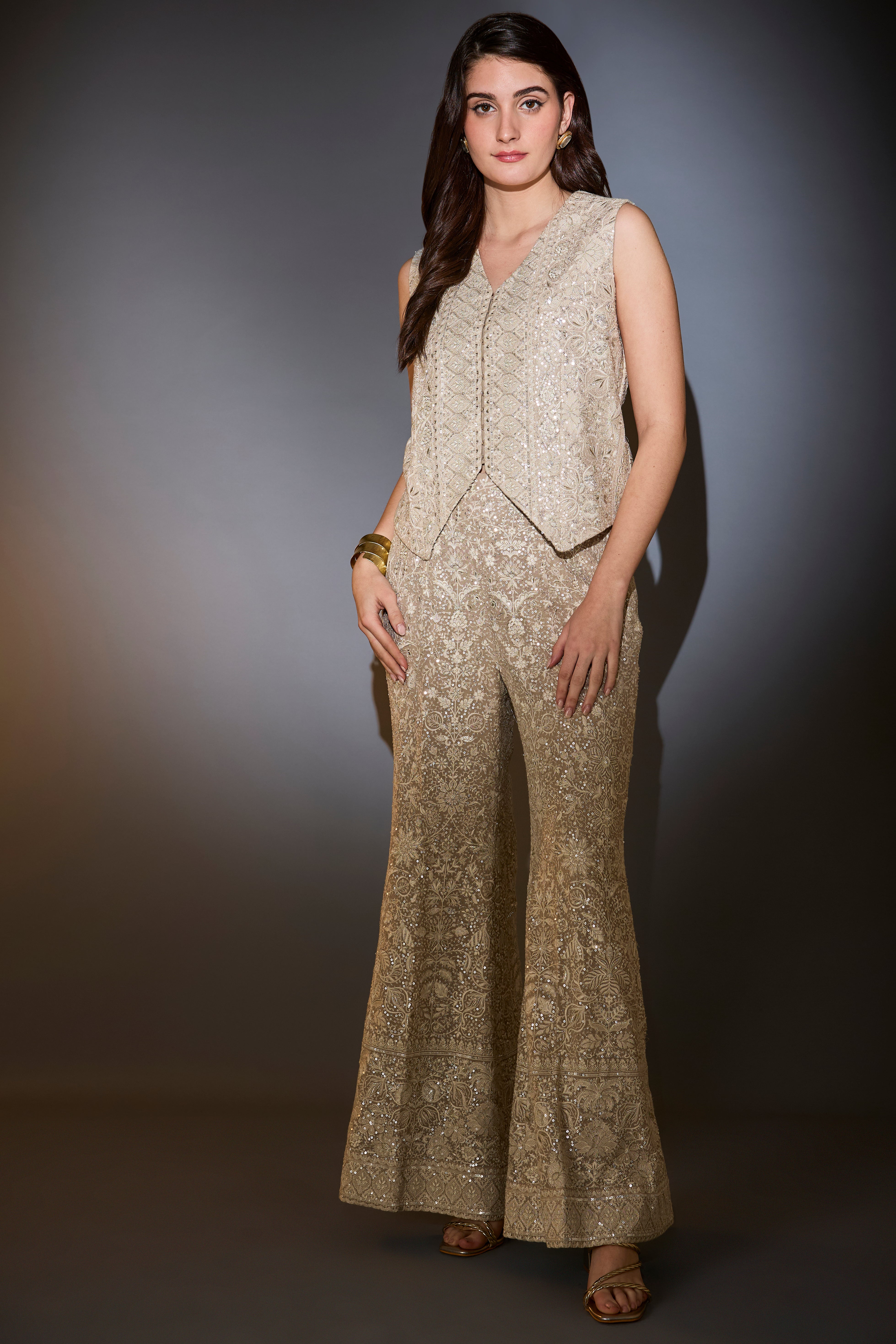 Elegant Mouse-Colored Co-Ord Set with Waist Jacket & Boot Cut Trousers - Intricate Ivory Thread & Sequin Embroidery for Women's Office Wear & Special Occasions