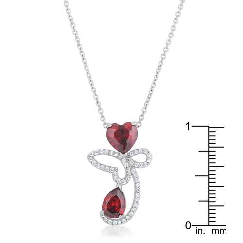 3.2ct Garnet & CZ Heart Drop Necklace in Rhodium - Elegant Abstract Jewelry for Women, Valentine's Day Gift, Anniversary Present, Party Wear & Special Occasions