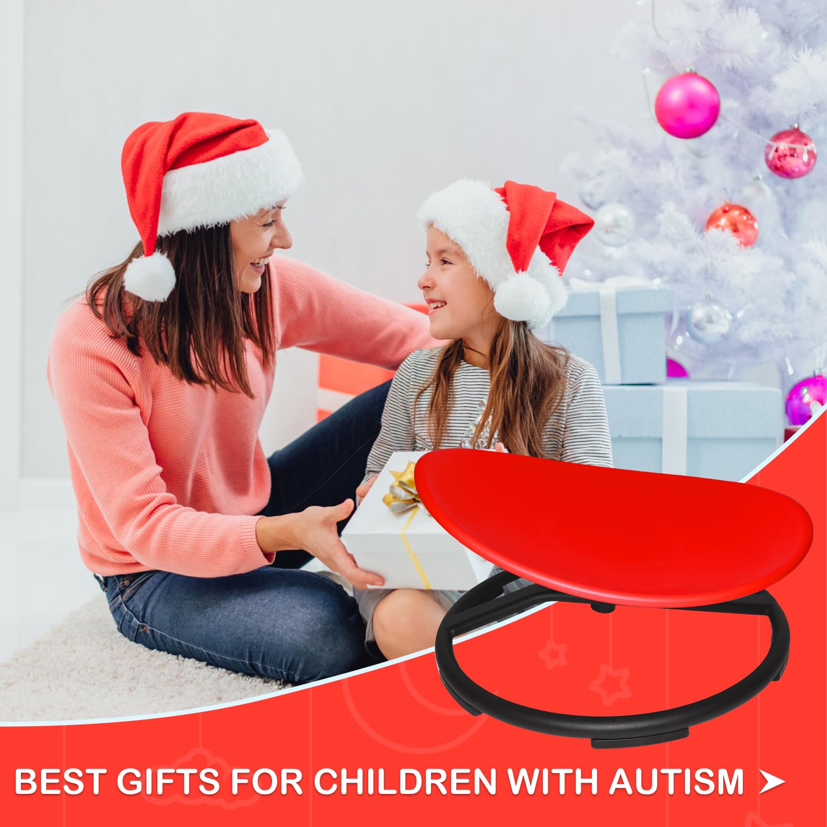 **Kids Swivel Chair - Spinning Sensory Chair for Autistic & ADHD Children - Sit and Spin Chair for Body Coordination Training - Non-Slip Metal Base (Red) - Perfect for Home, Classroom & Therapy Use**