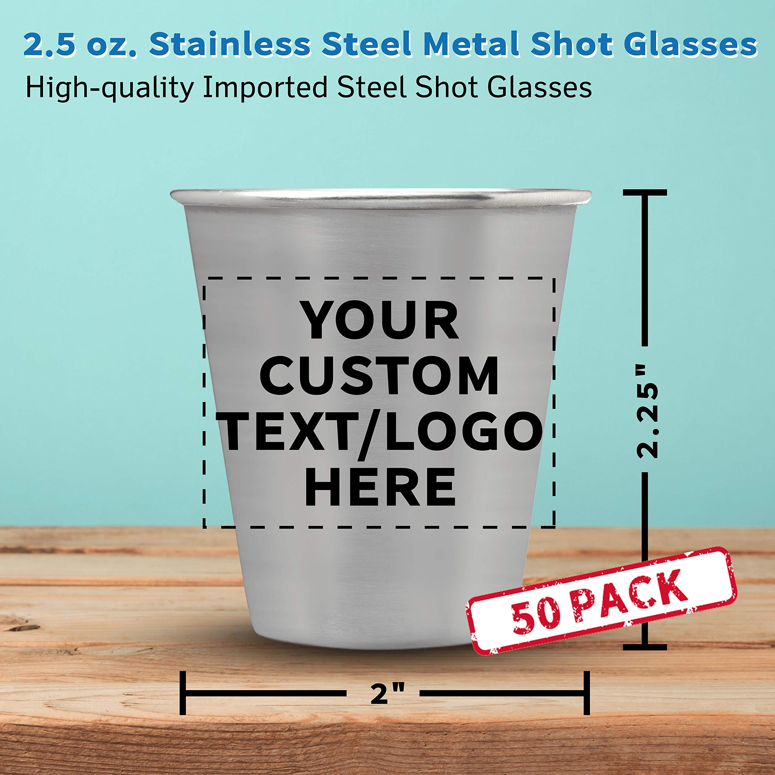 Custom Personalized Stainless Steel Shot Glasses 2.5 oz (Set of 50) - Bulk Pack for Weddings, Birthdays, Parties & Events - Durable Barware for Home, Office & Commercial Use