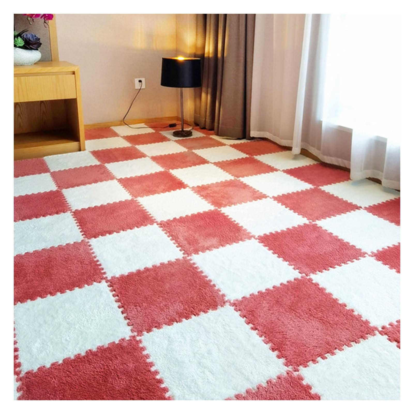 36-Piece Soft Plush Puzzle Foam Floor Mat Set - 12x12 Inch Interlocking Carpet Tiles with Border for Kids Playroom & Nursery - Non-Slip Crawling Mats, Shaggy Area Rug in White & Light Red - Perfect for Play Areas, Daycare & Home Flooring