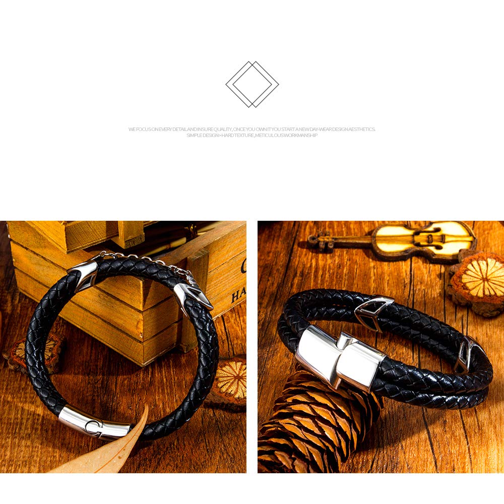 Men's Leather Bracelet with Stainless Steel Clasp - Multi-Layer Braided Genuine Leather Wristband for Men | Perfect for Casual Wear, Gifts & Everyday Fashion Accessories