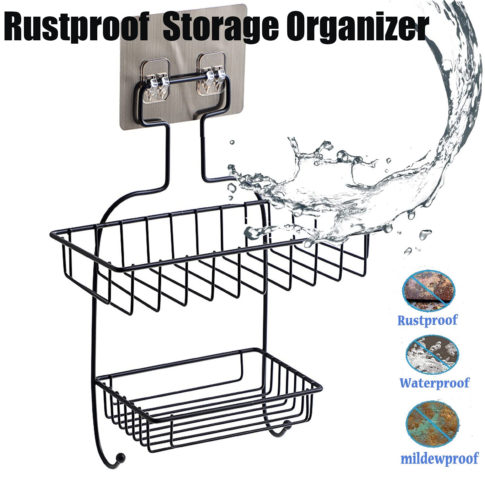 2-Tier Rustproof Shower Caddy with Soap Dish & 2 Hooks - No Drill Wall Mount Bathroom Organizer for Shower, Kitchen, or Bath - Space Saving Storage Shelf (Black) - Perfect for Small Bathrooms, Apartments & Dorm Rooms