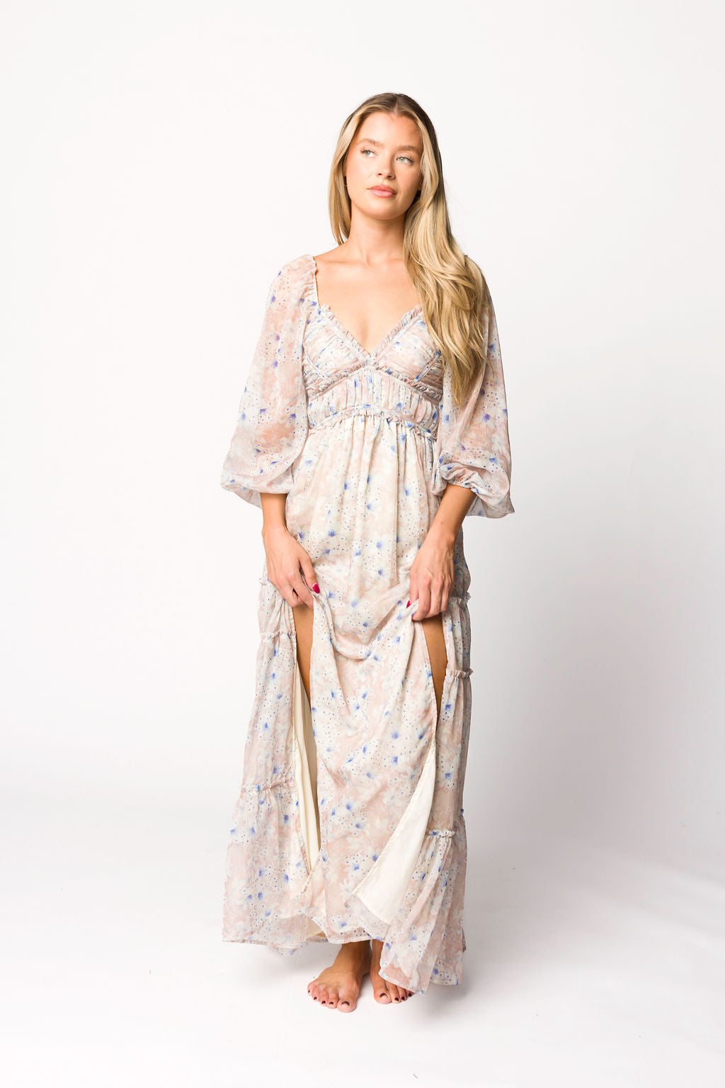Stylish Daphne Long Sleeve Maxi Dress in Beige/Blue Floral Print - Bump Friendly Maternity Wear & Inclusive Sizing (XS to 3XL) - Perfect for Pregnancy, Nursing, and Special Occasions