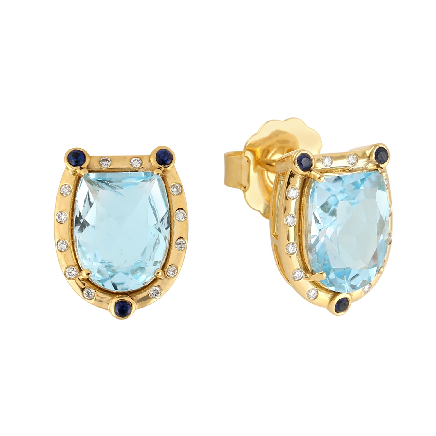 18K Yellow Gold Blue Topaz Bezel & Blue Sapphire Pave Diamond Stud Earrings for Women - Perfect for Weddings, Parties & Special Occasions