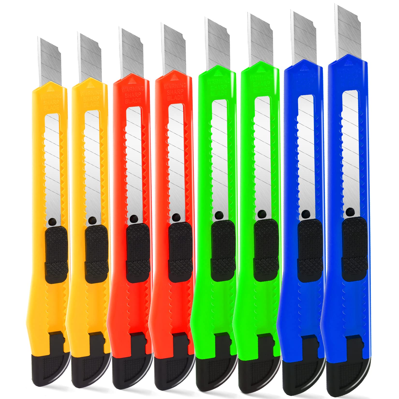 TIFICAL 8 Pack Retractable Utility Knife - 9mm Snap-Off Box Cutter for Opening Packages, Cartons & Boxes | Heavy Duty Exacto Knife for Office, Warehouse, Home & DIY Projects | Disposable Safety Cutter for Shipping, Moving & Crafting