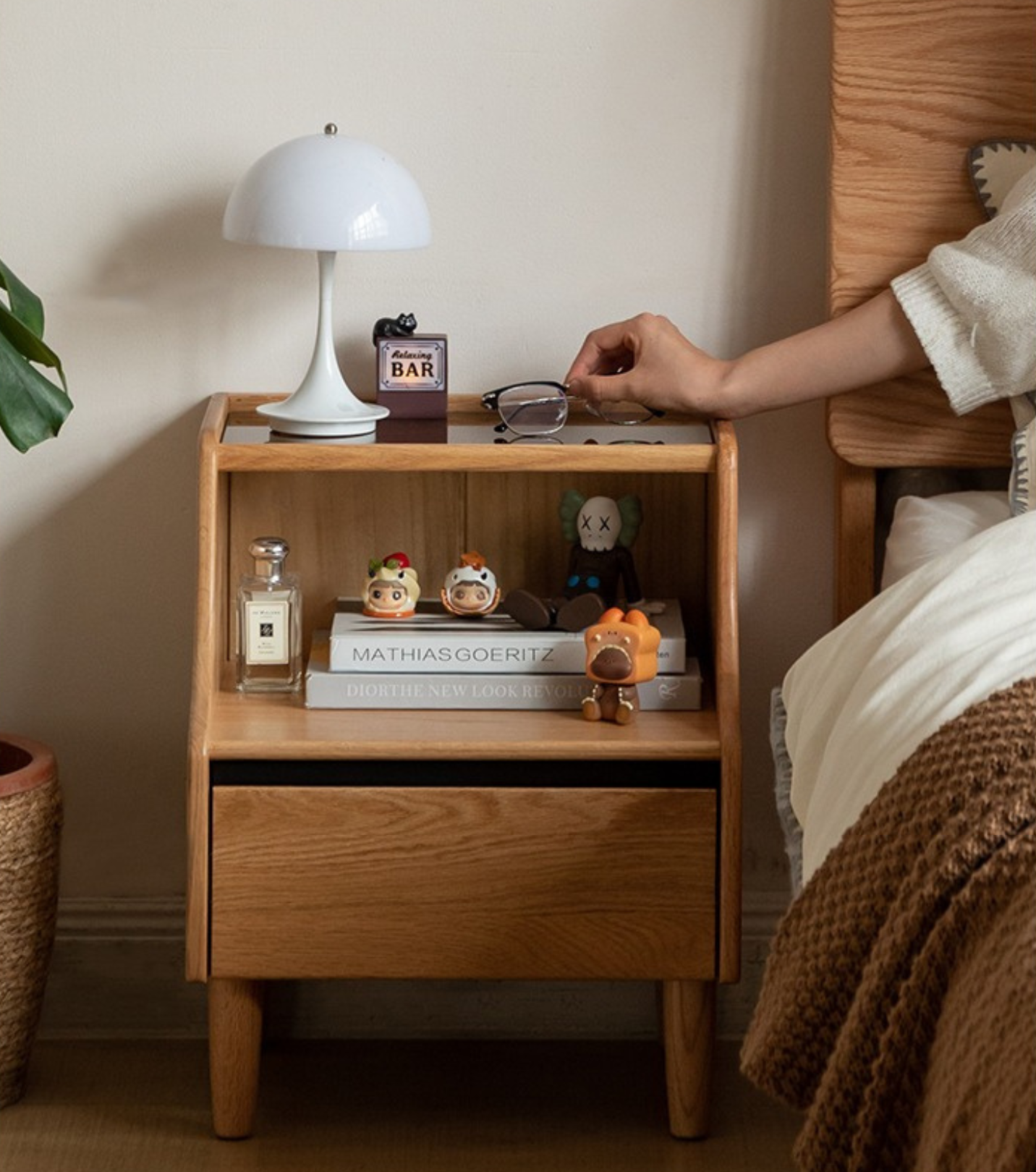 Solid Oak Wood Nightstand with Glass Top - Modern Bedside Table for Bedroom, Living Room, or Office