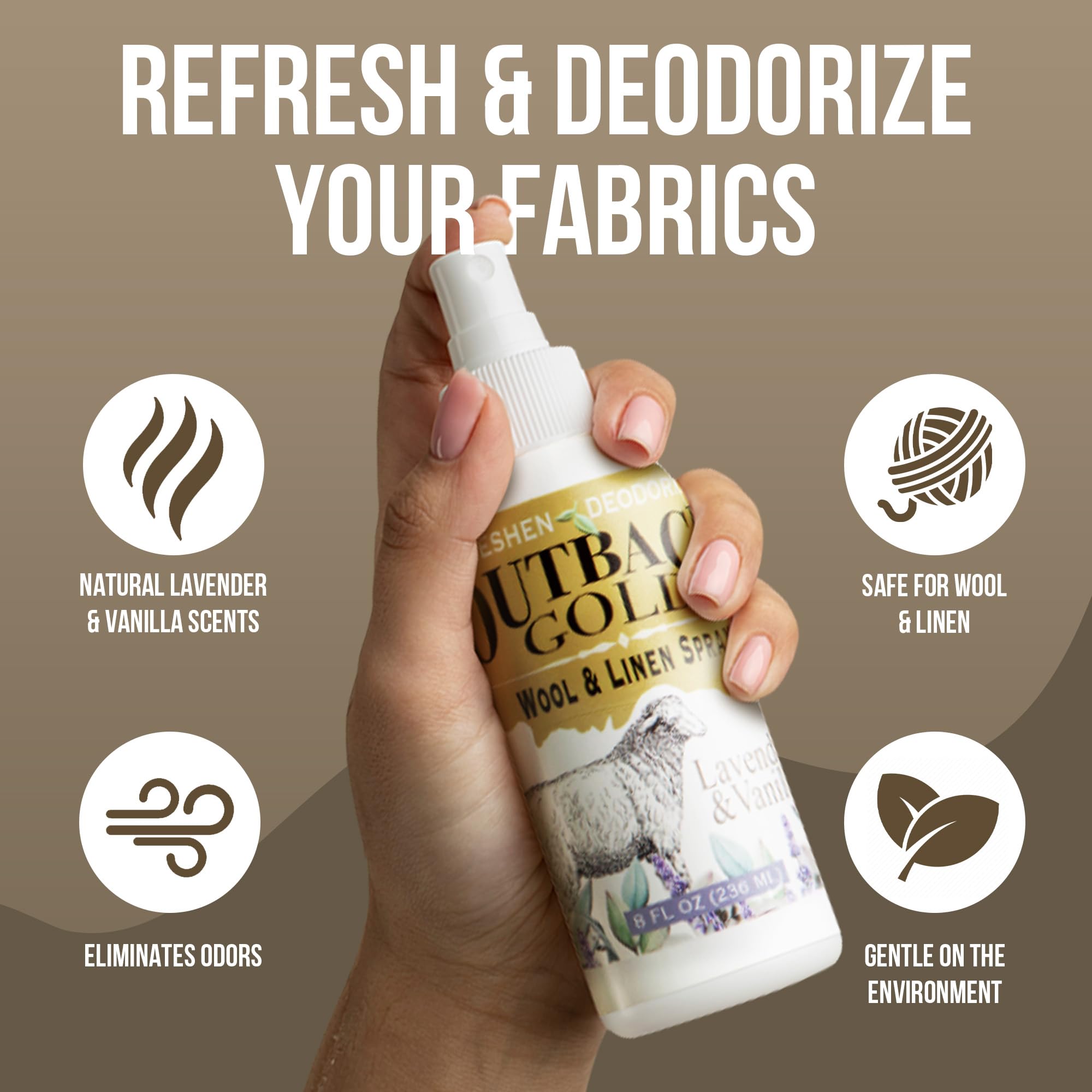 Outback Gold Wool Cashmere & Linen Spray - Natural Lavender Vanilla Fabric Freshener for Pillows, Sheets & Home Decor - 8 Fl Oz Bedroom & Laundry Deodorizer - Perfect for Refreshing Clothes, Linens & Upholstery