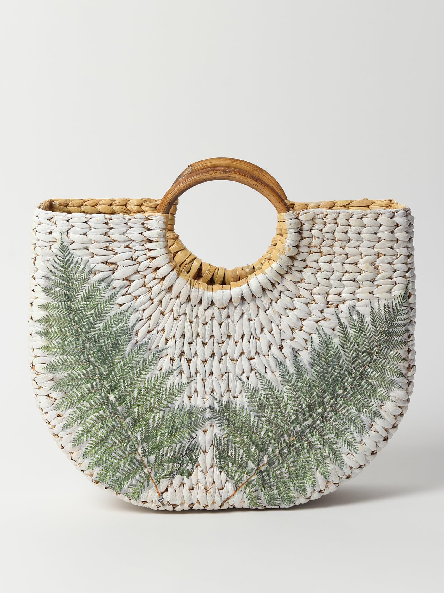Habere India Handmade Straw Tote Bag - Small Boho Beach Bag for Women | Bamboo & Kauna Woven Basket Purse | White Half Moon Crossbody Bag | Perfect for Summer, Travel, Picnic & Boho Fashion