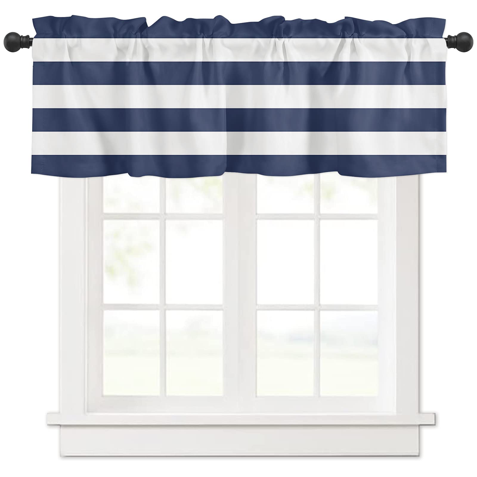 Blue and White Striped Kitchen Curtain Valance with Rod Pocket - 54x18 Inch Simple Design Window Treatment for Bathroom, Living Room & Cafe | Decorative Home Decor for Kitchen Windows, French Doors & Small Spaces