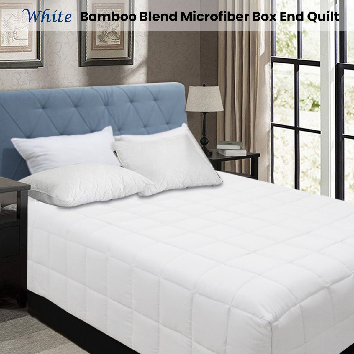 Premium Bamboo Blend Microfiber Quilt Set - Soft Breathable Bedding with Box Stitch Design - White Queen Size for Cozy Sleep & Luxury Bedroom Decor