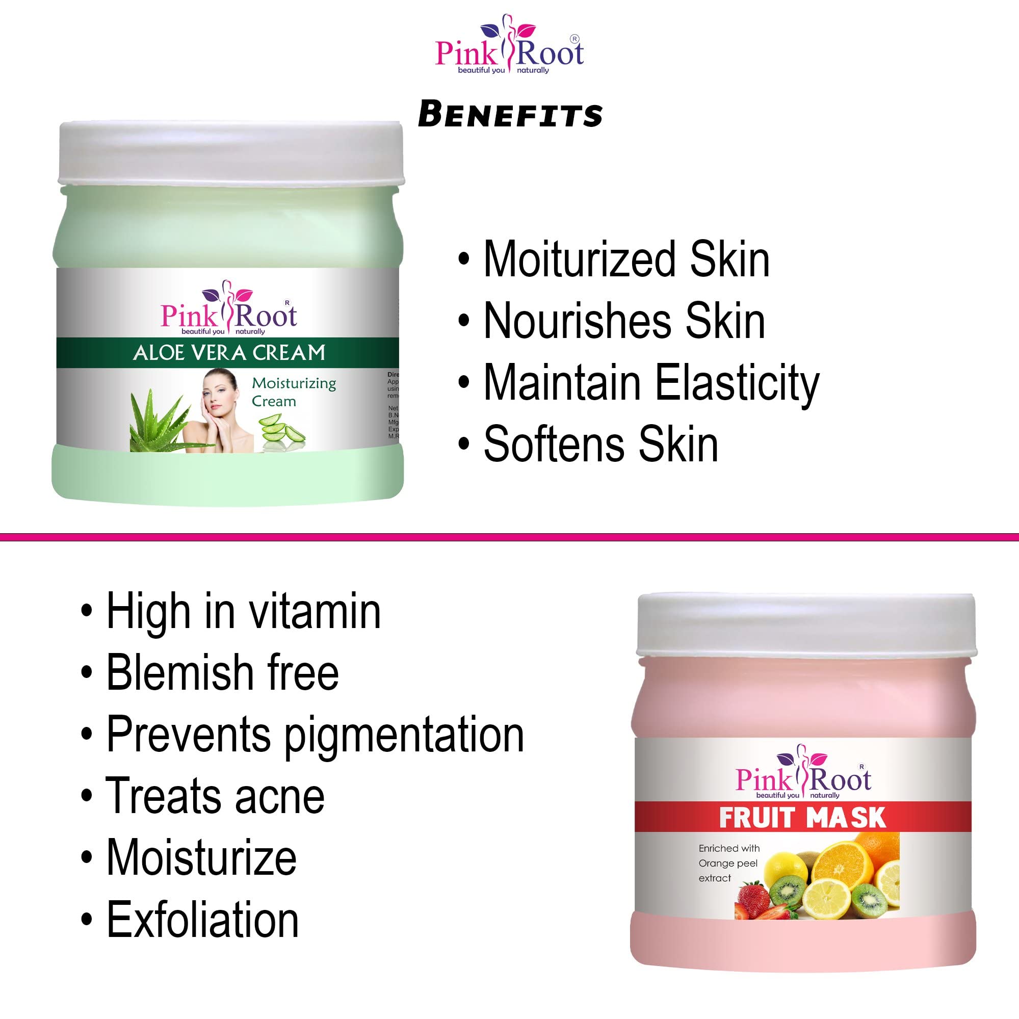 Organic Pink Root Aloe Vera Cream & Fruit Mask Set - 500g Each - Hydrating Moisturizer for Dry Skin, Face & Body Care - Perfect for Daily Skincare Routine & Spa Treatments at Home