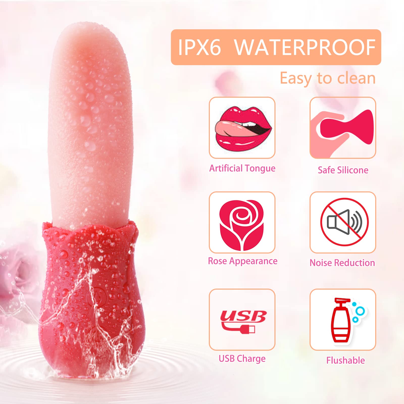 Premium Rose Vibrator for Women - Clitoral & G-Spot Stimulator with Tongue Licking Technology, Nipple Massager, Dual Pleasure Sex Toy for Solo Play & Couples Foreplay - Perfect for Sensual Massage, Bedroom Fun & Intimate Moments