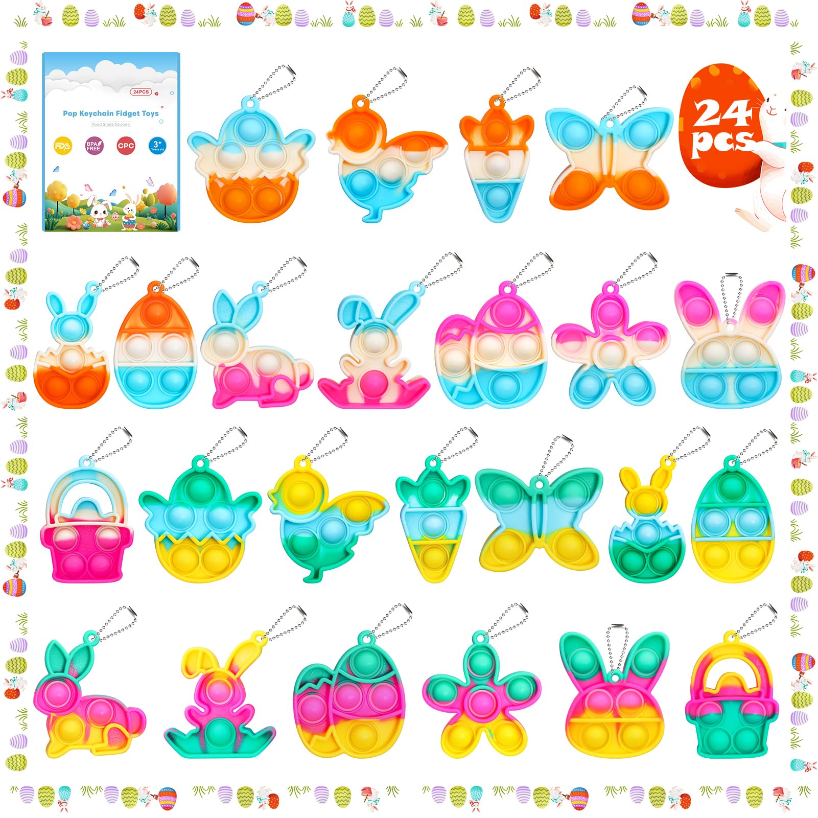 24 Pack Easter Pop Fidget Toys Bulk - Easter Party Favors for Kids, Easter Egg Fillers & Basket Stuffers - Mini Pop Keychain Fidgets for Classroom Prizes, Goodie Bag Stuffers, Kids Party Supplies Gifts - Perfect for Easter Celebrations, Classroom Rewards & Sensory Play
