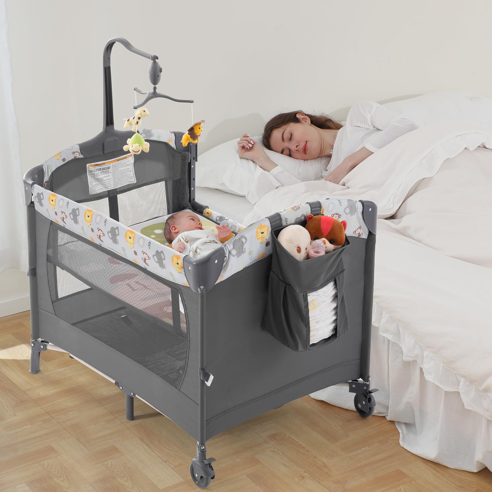 Ihoming Portable Baby Bassinet Bedside Sleeper - Convertible Crib with Changing Table & Playpen | Includes Mattress & Toys for Newborns, Infants, Boys & Girls (Gray) - Perfect for Nursery, Travel & Co-Sleeping