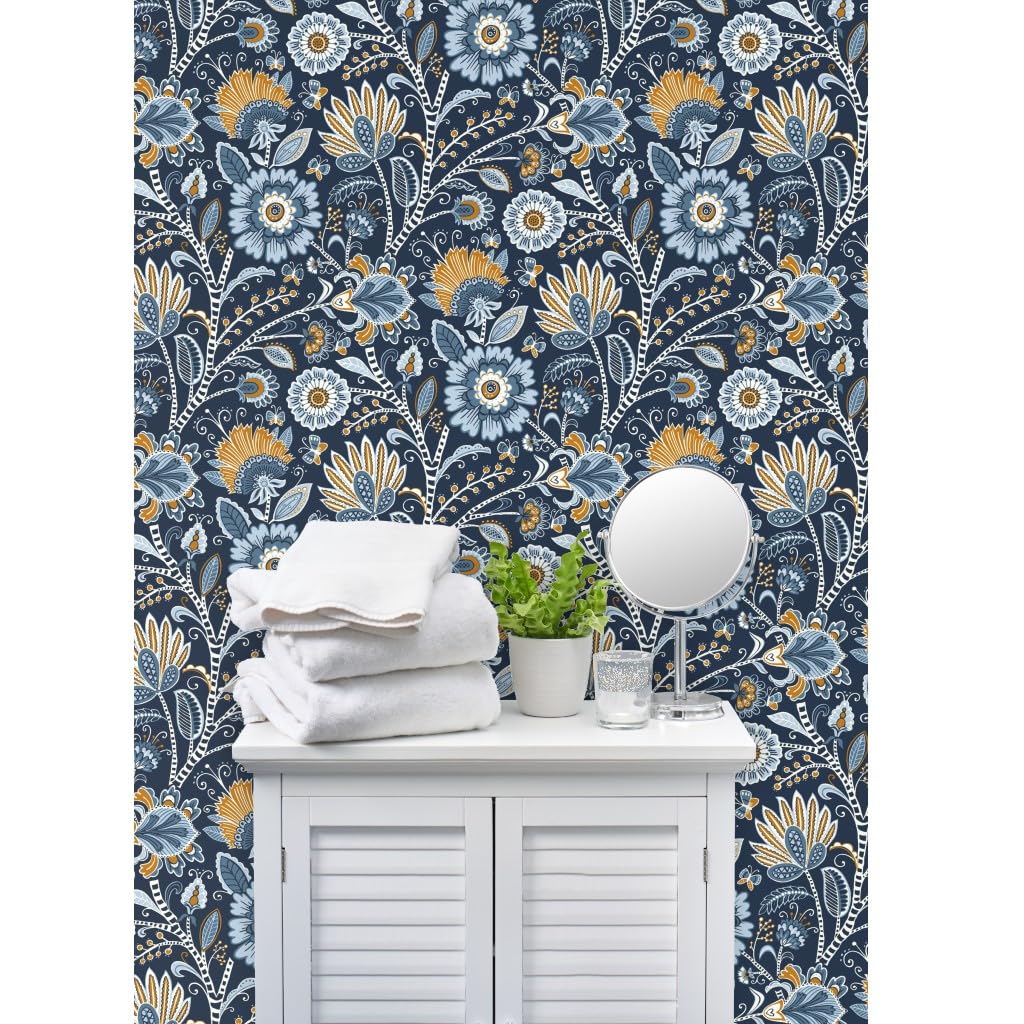 Premium Commercial Grade Wallpaper 27ft x 2ft - Blue Floral Butterfly Navy Chintz Traditional Wall Covering for Home Decor | Perfect for Living Rooms, Bedrooms & Dining Areas