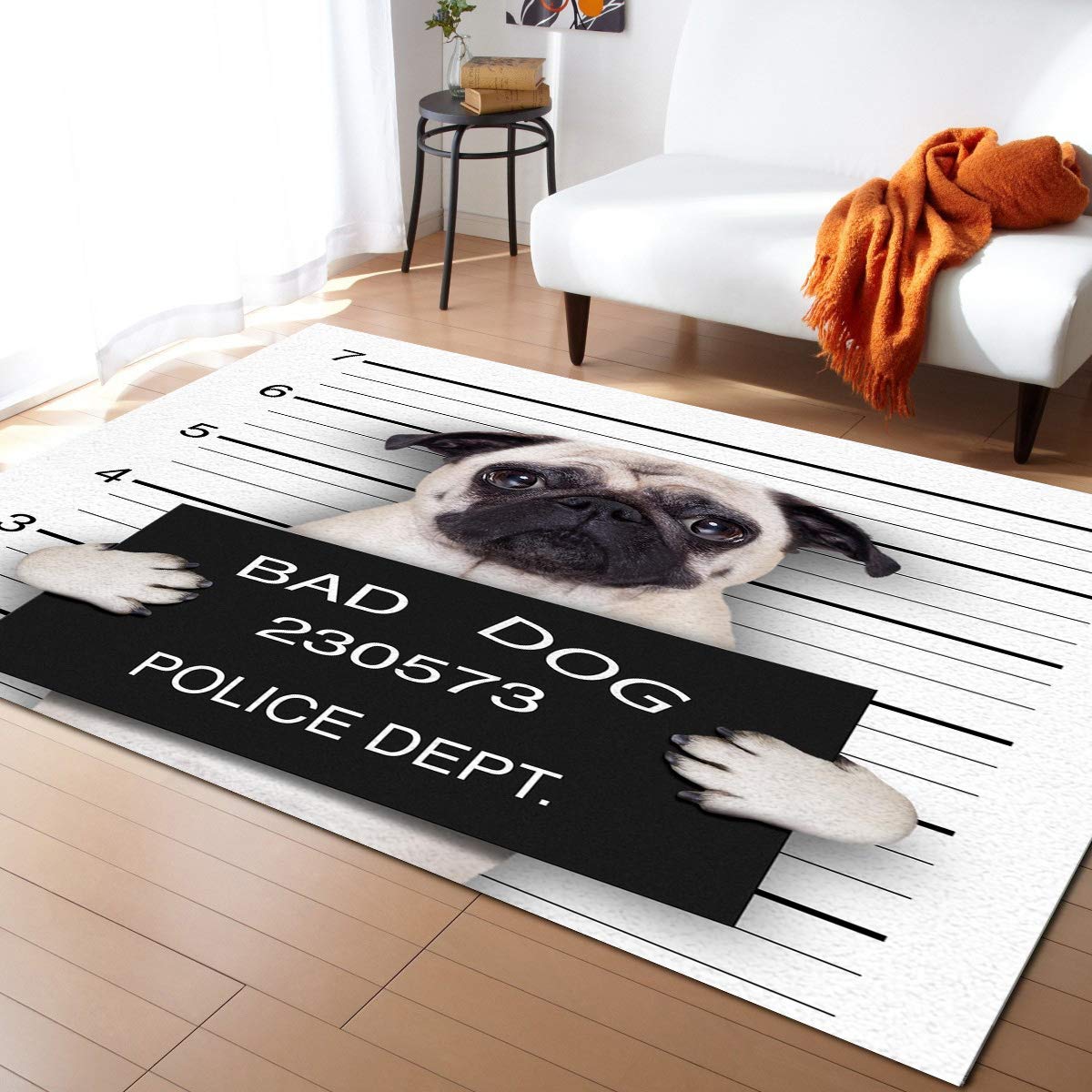 Funny Animal Dog Area Runner Rug 5'x8' - Washable Indoor Outdoor Carpet for Kitchen, Living Room, Bathroom, Bedroom | Non-Slip Doormat with Black Board & Stripe Design - Perfect for Home, Office, Classroom and Laundry Room Entryway
