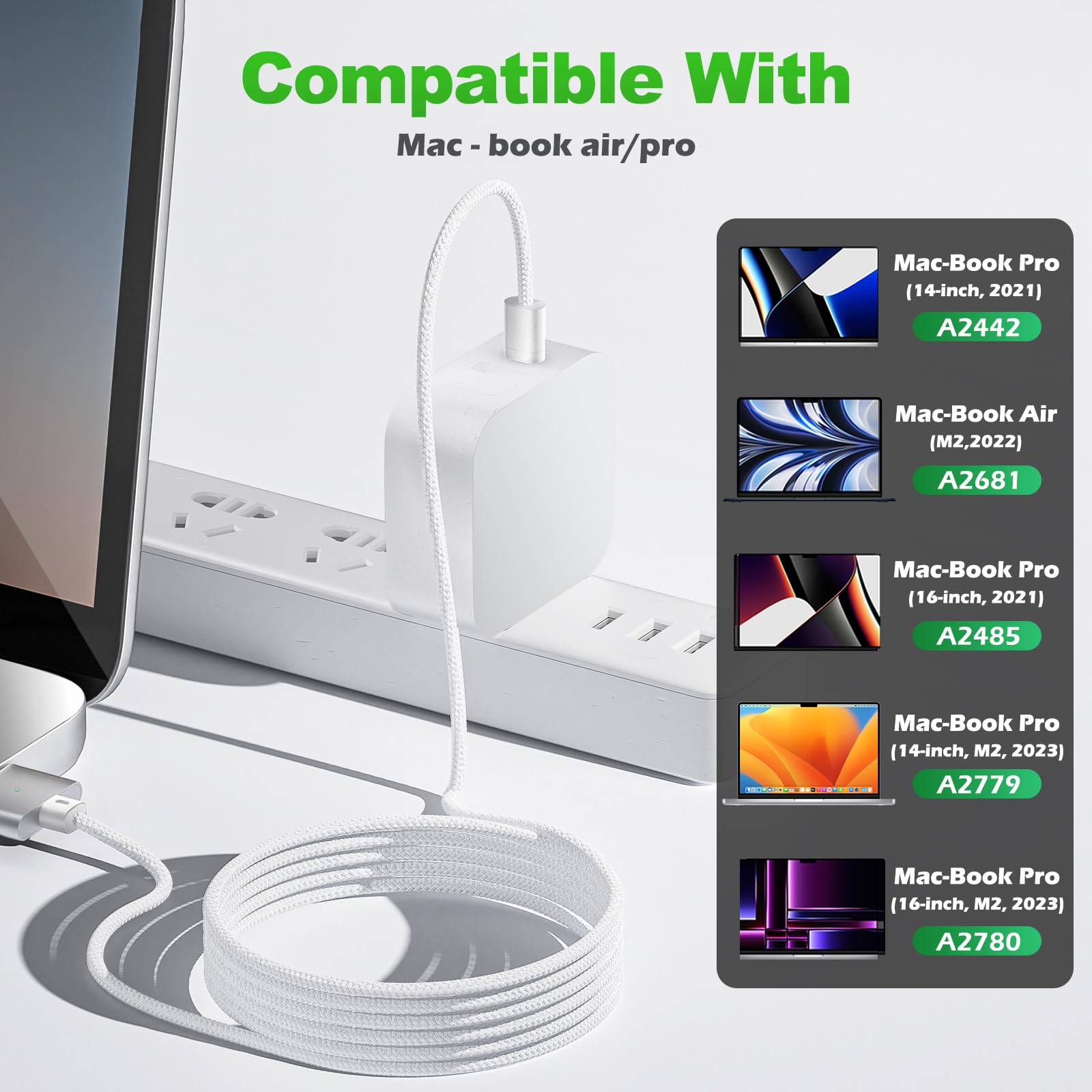140W USB-C to Magnetic 3 Fast Charging Cable (6.6ft) - Safe & Durable Charger Cord for MacBook Pro 14/16-inch (2021-2023) & MacBook Air 13/15-inch (2022-2024) - Perfect for Home, Office & Travel Charging