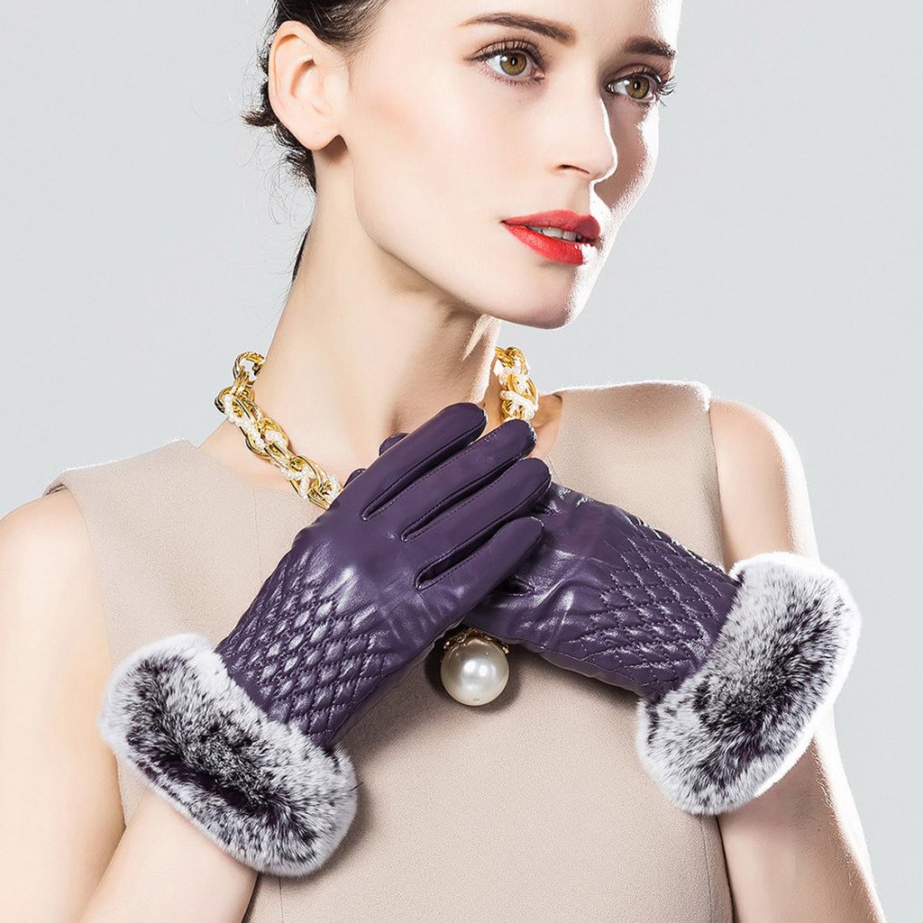 Women's Winter Leather Gloves with Rex Rabbit Fur Cuff - Warm Touchscreen Gloves for Cold Weather, Driving, and Outdoor Activities