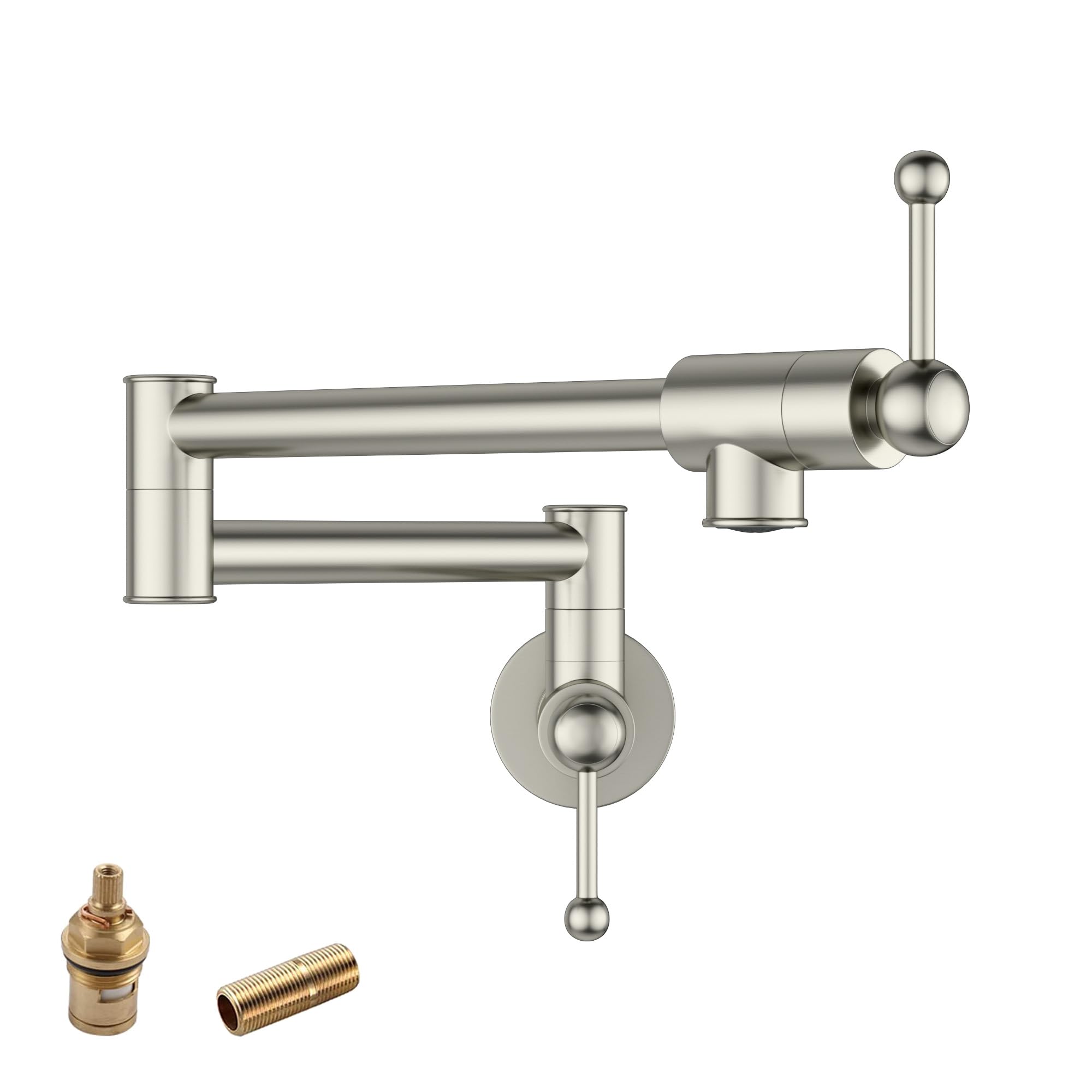 Lordear Solid Brass Wall Mount Kitchen Pot Filler Faucet - Brushed Nickel Finish, Foldable & Extendable Design with Dual Handles for Easy Water Filling | Perfect for Soup Pots, Pasta Cookers & Large Cooking Vessels