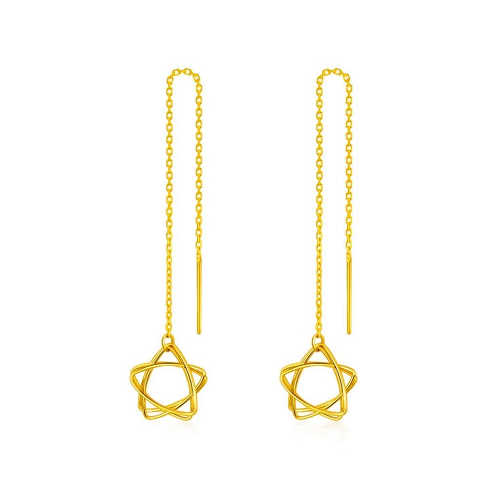 18K Gold Threader Earrings for Women - Flower Star Chain Drop Dangle Pull Through Earrings in Yellow Gold | Perfect for Valentine's Day, Wedding, Christmas Gifts & Everyday Elegance
