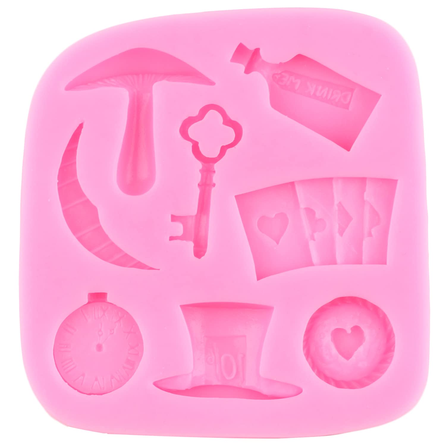 Alice in Wonderland Poker Theme Fondant Molds Set - 4PC Silicone Cake Decorating Kit (Hat, Key, Clock, Cards) for Cupcake Toppers, Chocolate, Gum Paste & Polymer Clay - Perfect for Tea Party, Birthday & Cosplay Events