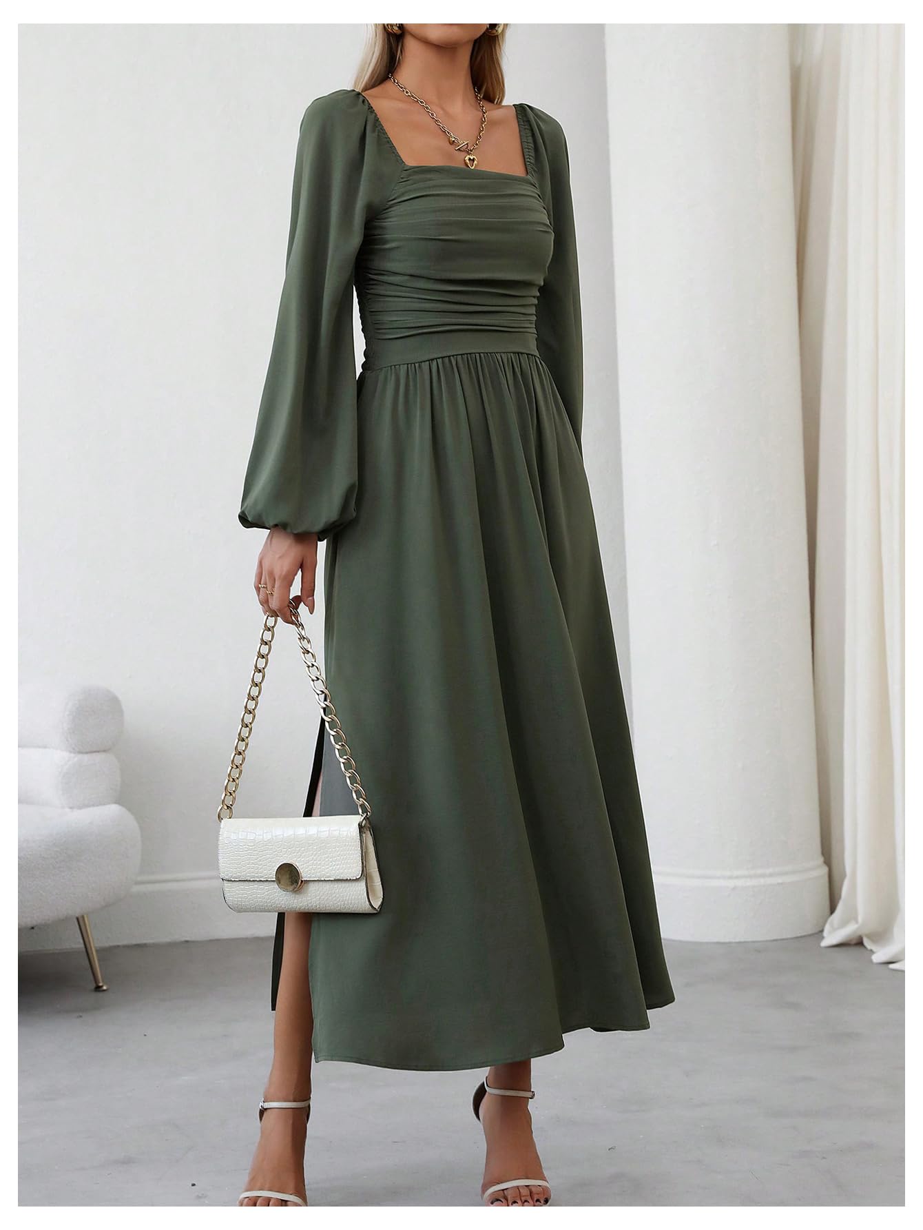 Floerns Women's Square Neck Lantern Long Sleeve Party Dress - Elegant Ruched Midi Dress with Side Split for Evening Events, Weddings & Special Occasions